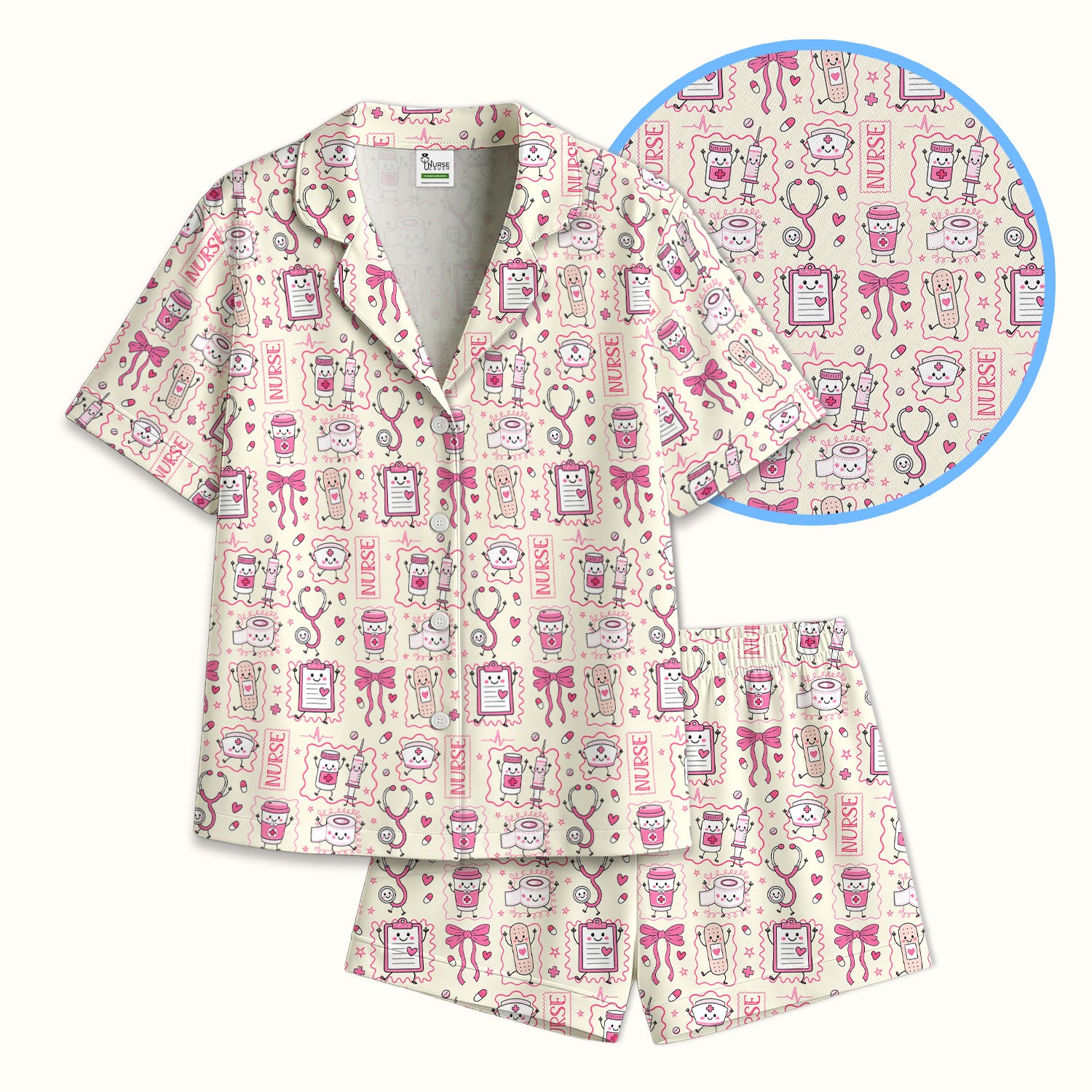 Cute Nurse Doodle with Bandage & Coffee Icons Pajama Set, Soft Breathable Fabric Comfortable Sleepwear