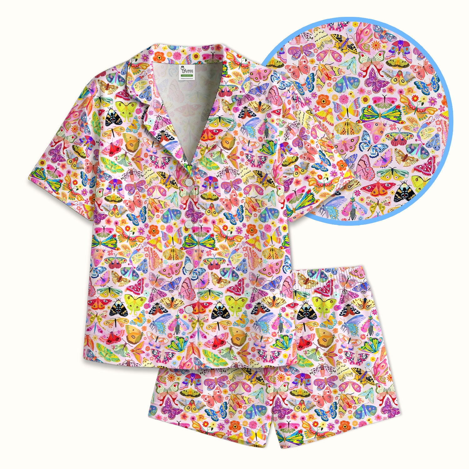 Cute Bright Butterfly Moth Floral Pajama Set, Soft Breathable Fabric Comfortable Sleepwear