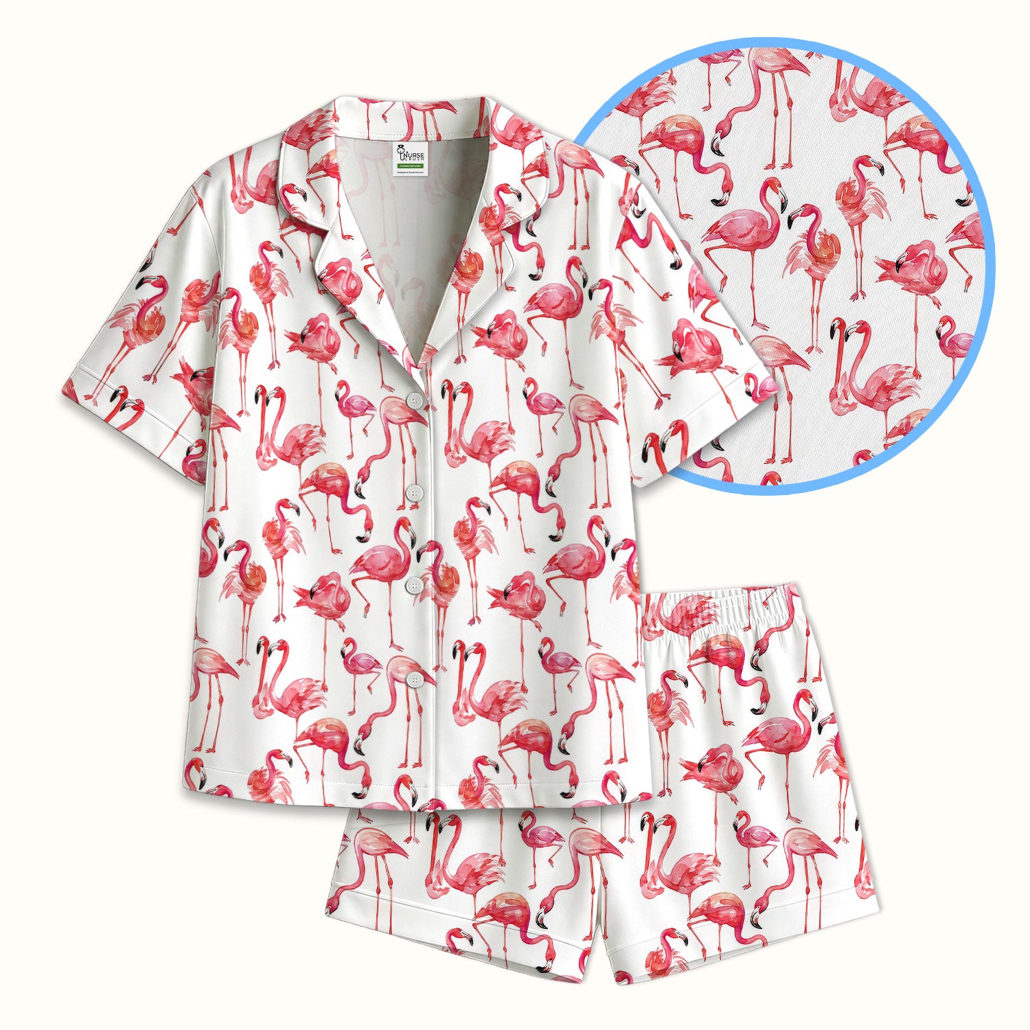 Pink Flamingo Tropical Bird Pattern Nurse Pajama Set, Soft Breathable Fabric Comfortable Sleepwear
