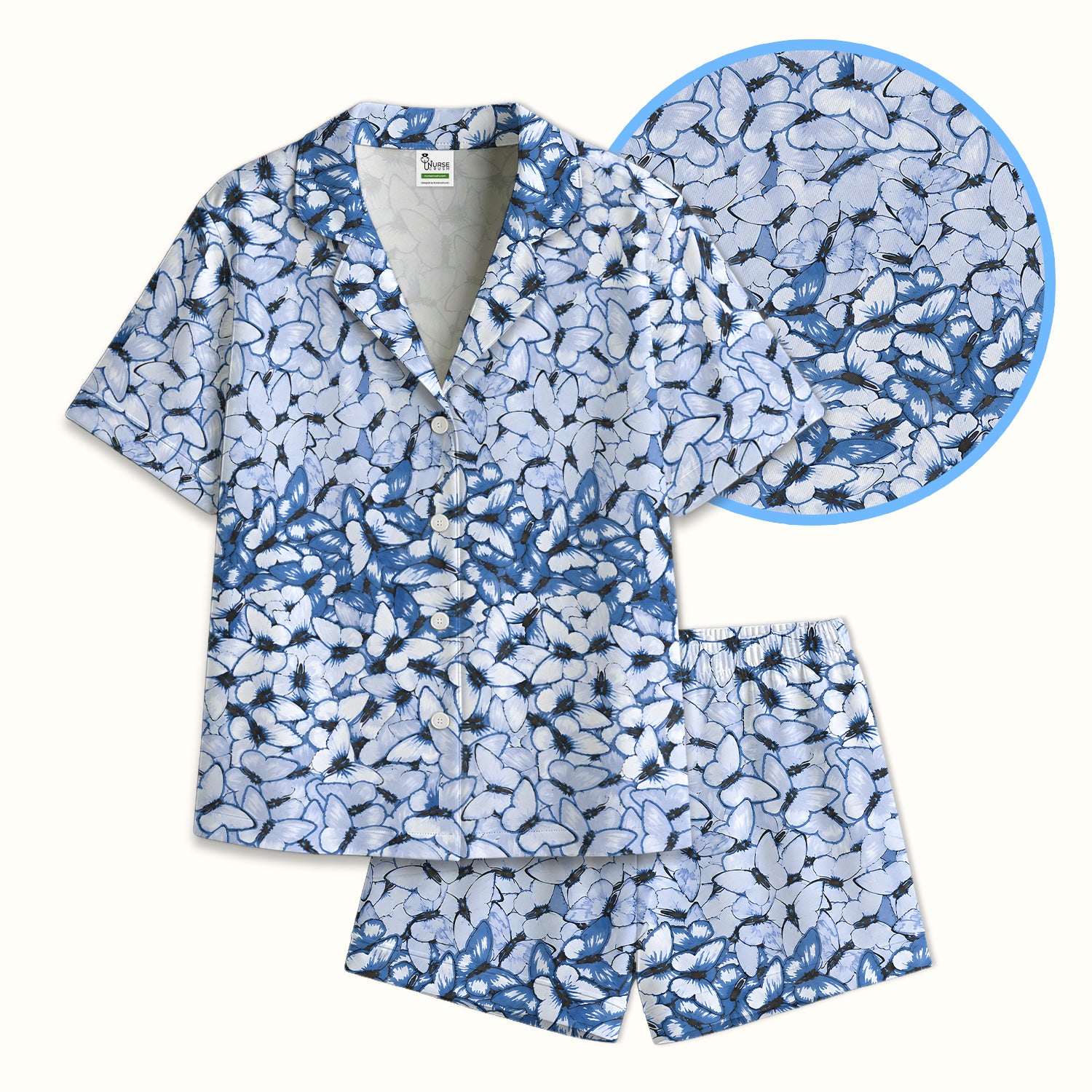 Blue Butterfly Floral Pattern Pajama Set, Soft Breathable Fabric Comfortable Sleepwear
