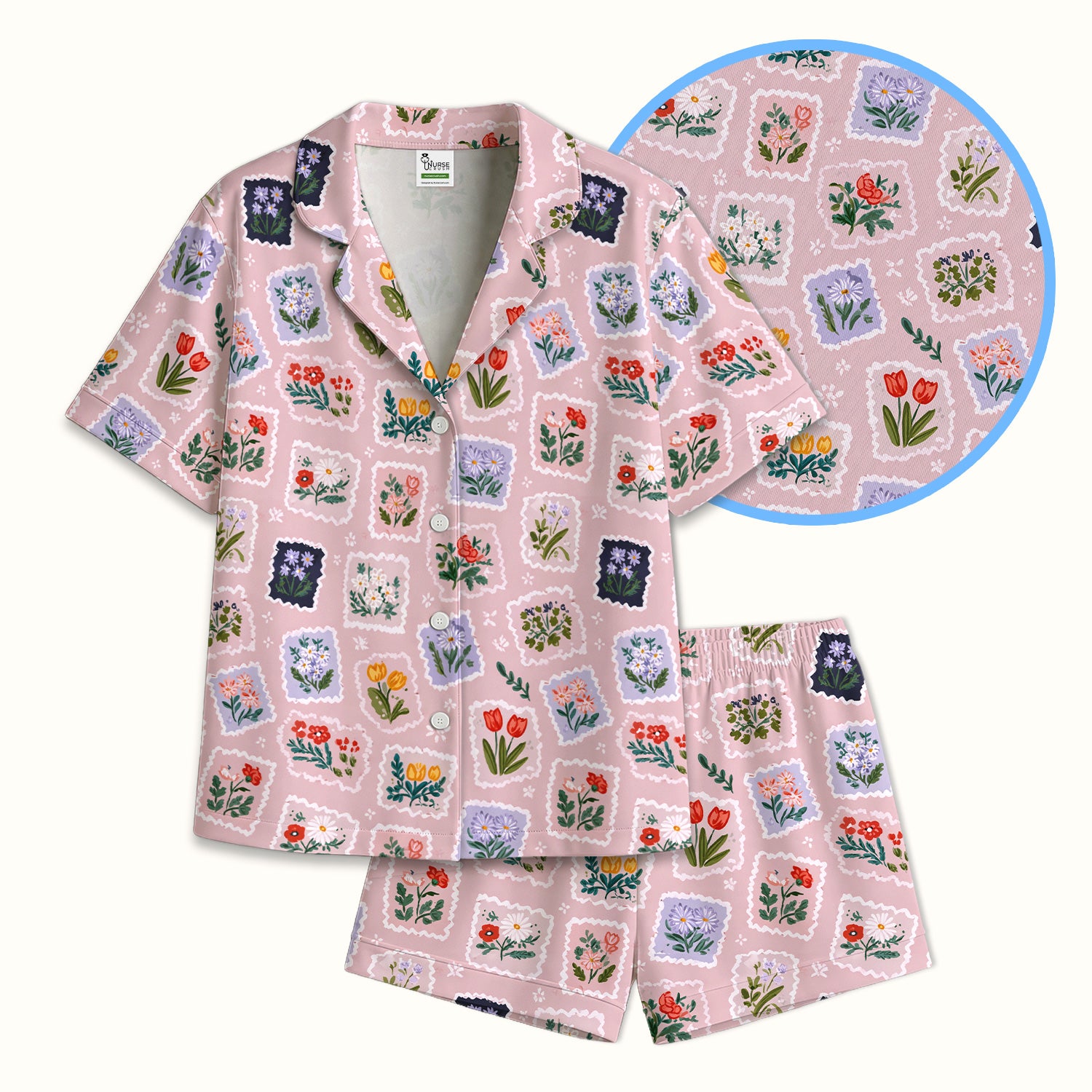 Vintage Flower Stamp Pattern Pajama Set, Breathable Fabrics Uniform