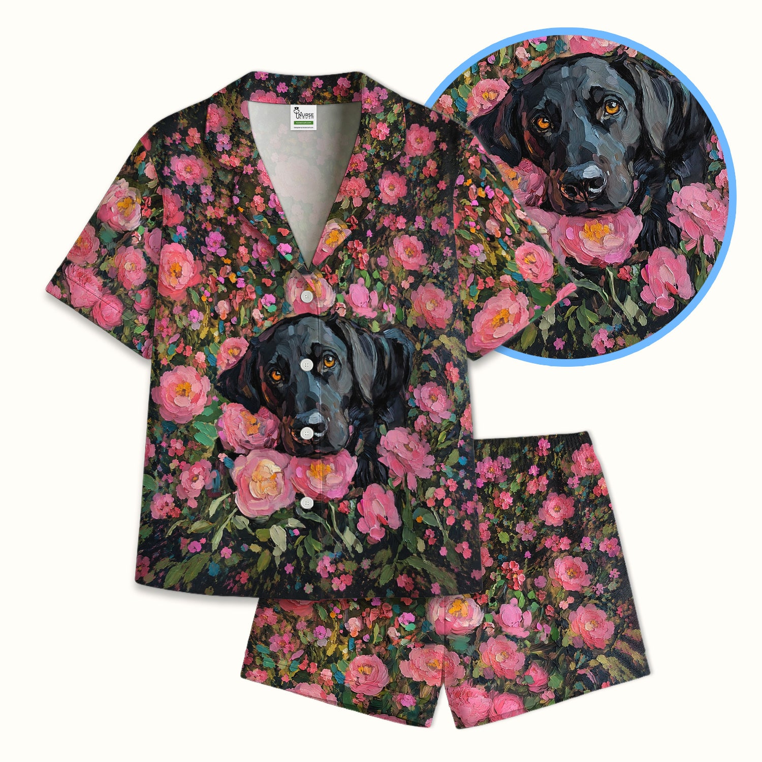 Painterly Floral Black Dog Pattern, Pet Lover Medical Pajama Set, Soft Breathable Fabric Comfortable Sleepwear