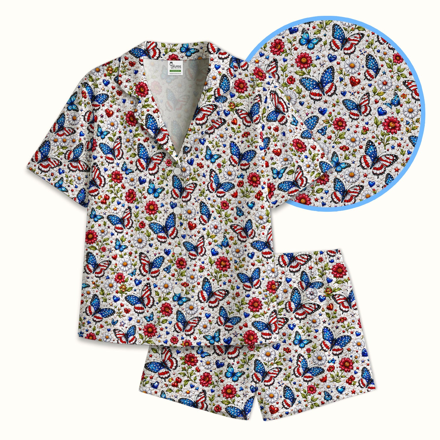Patriotic Butterfly Daisy Heart Pattern Pajama Set, Soft Breathable Fabric Comfortable Sleepwear