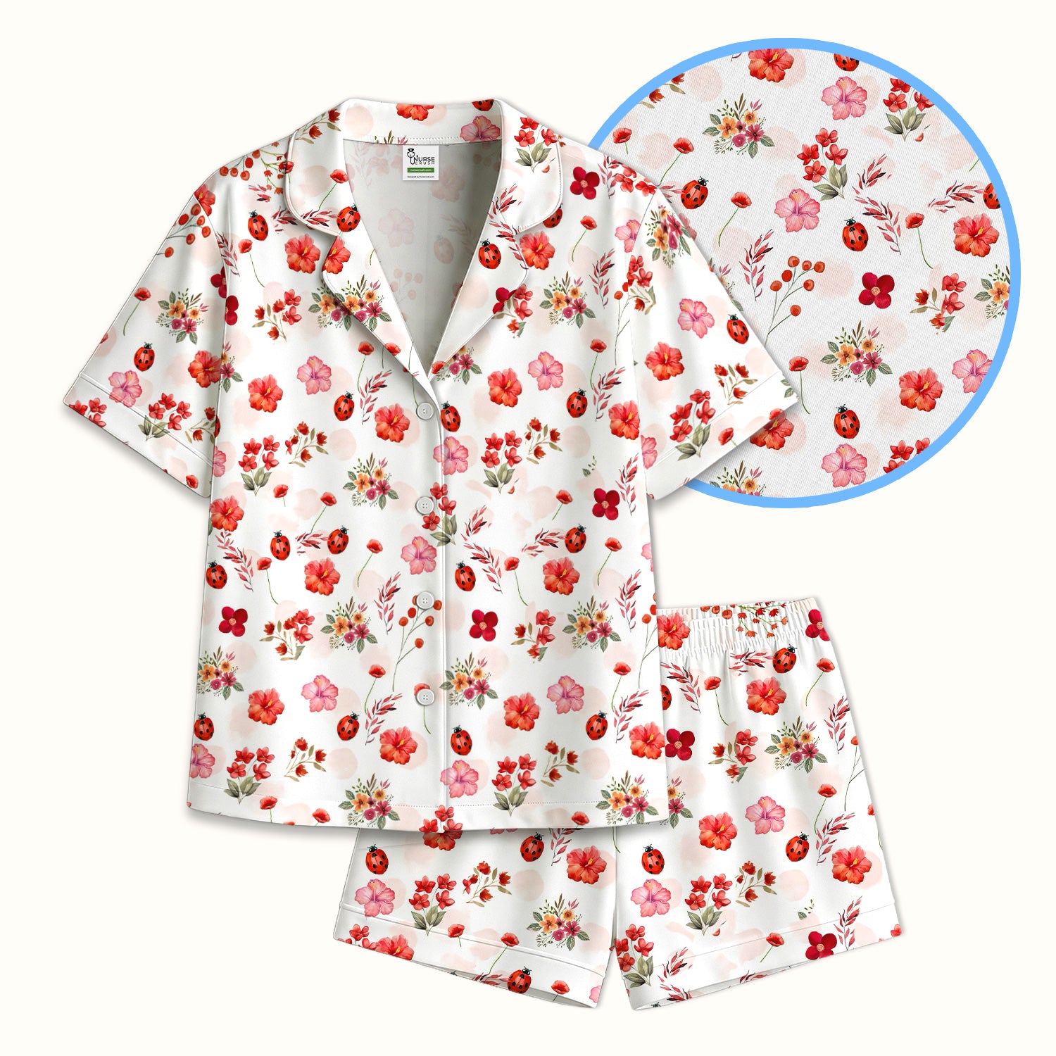 Red Ladybug Floral Garden Pattern Pajama Set, Breathable Fabrics Uniform