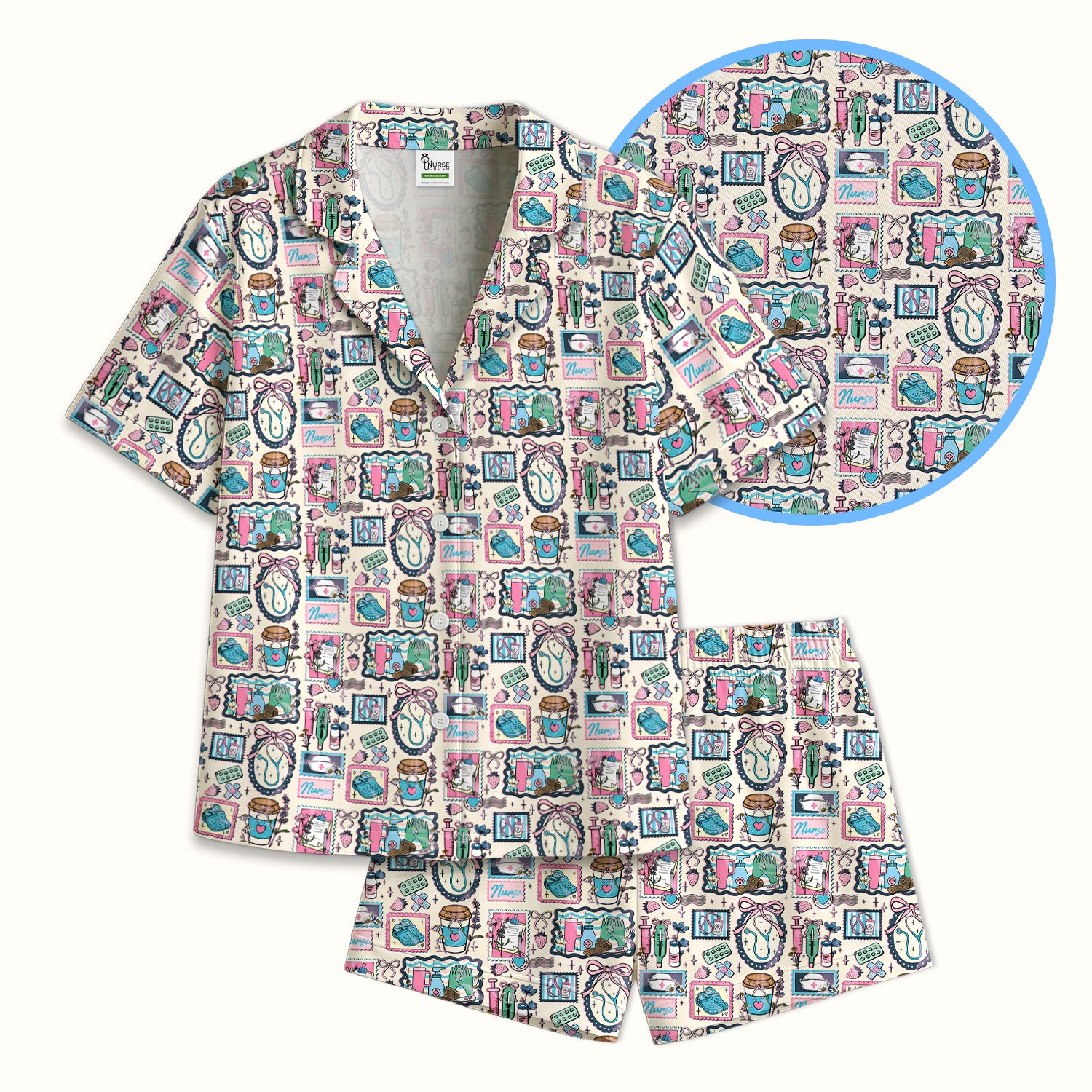 Medical Tools Stethoscope Syringe Frame Pajama Set, Breathable Fabrics Uniform