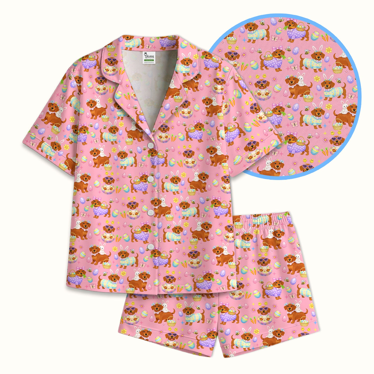 Cute Easter Dachshund Dog Pattern Pajama Set, Breathable Fabrics Uniform