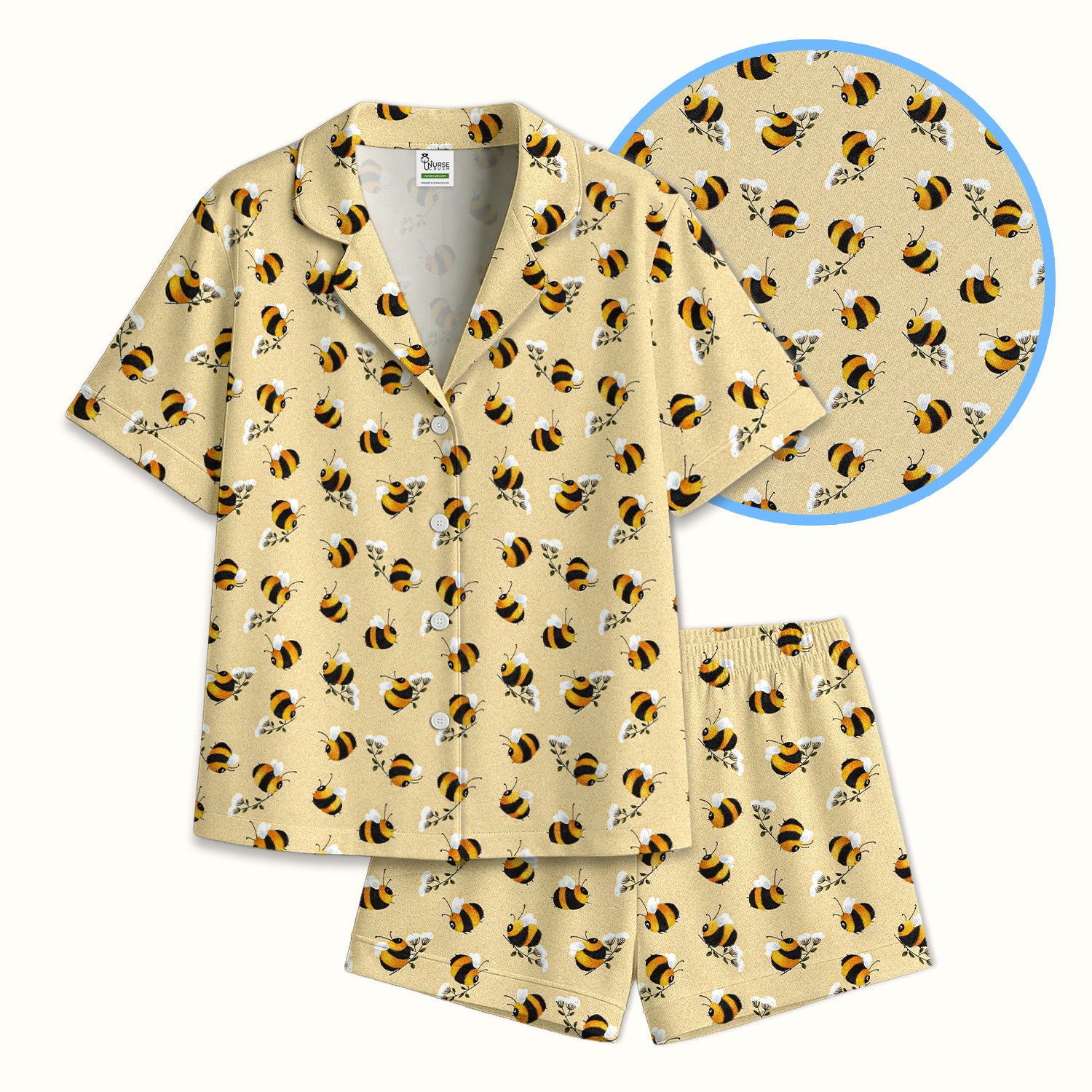 Cute Bumble Bee Blossom Pattern Pajama Set, Soft Breathable Fabric Comfortable Sleepwear