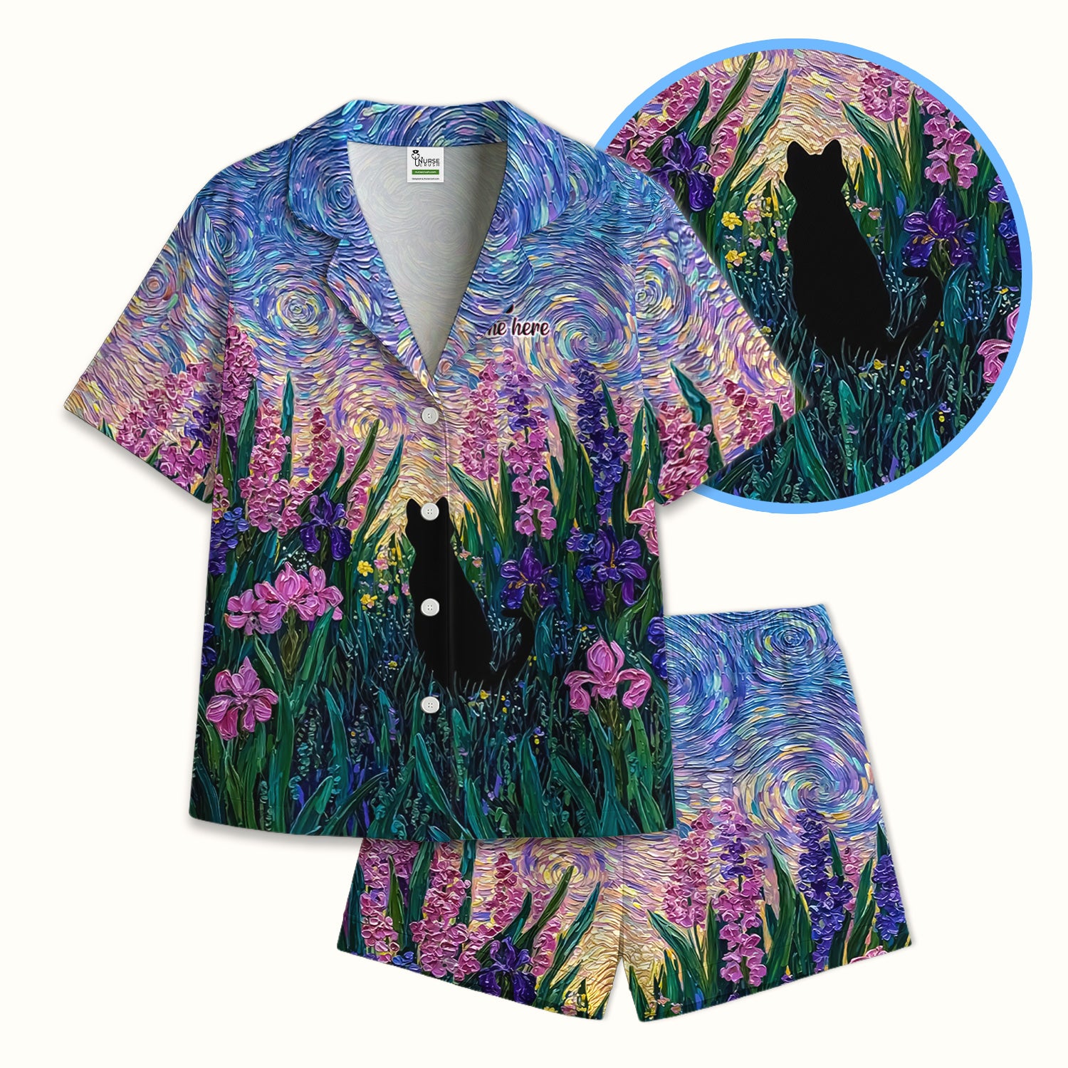 Cat Under Starry Sky Pattern Pajama Set, Breathable Fabrics Uniform