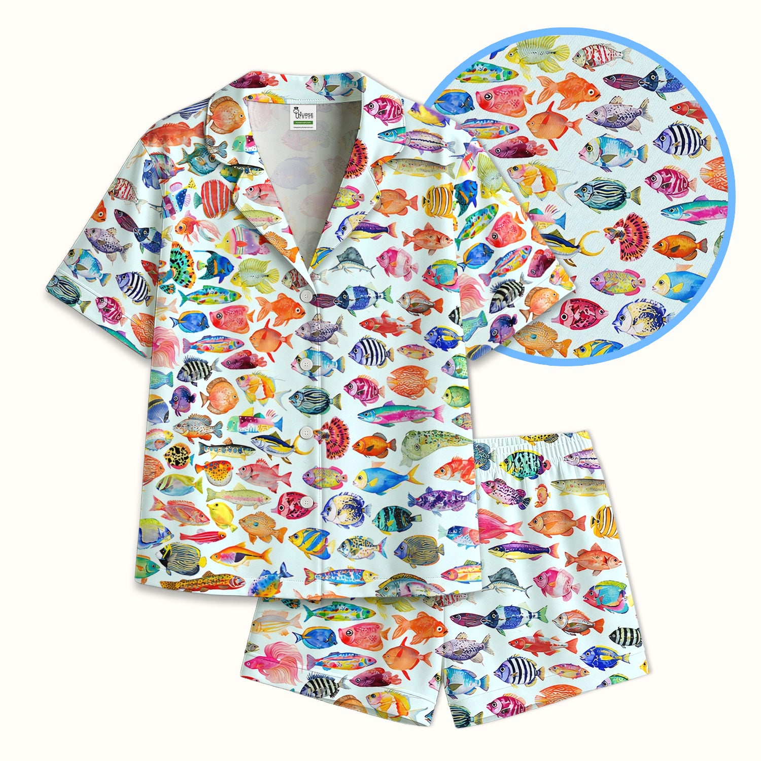 Colorful Tropical Fish Print Pajama Set, Soft Breathable Fabric Comfortable Sleepwear