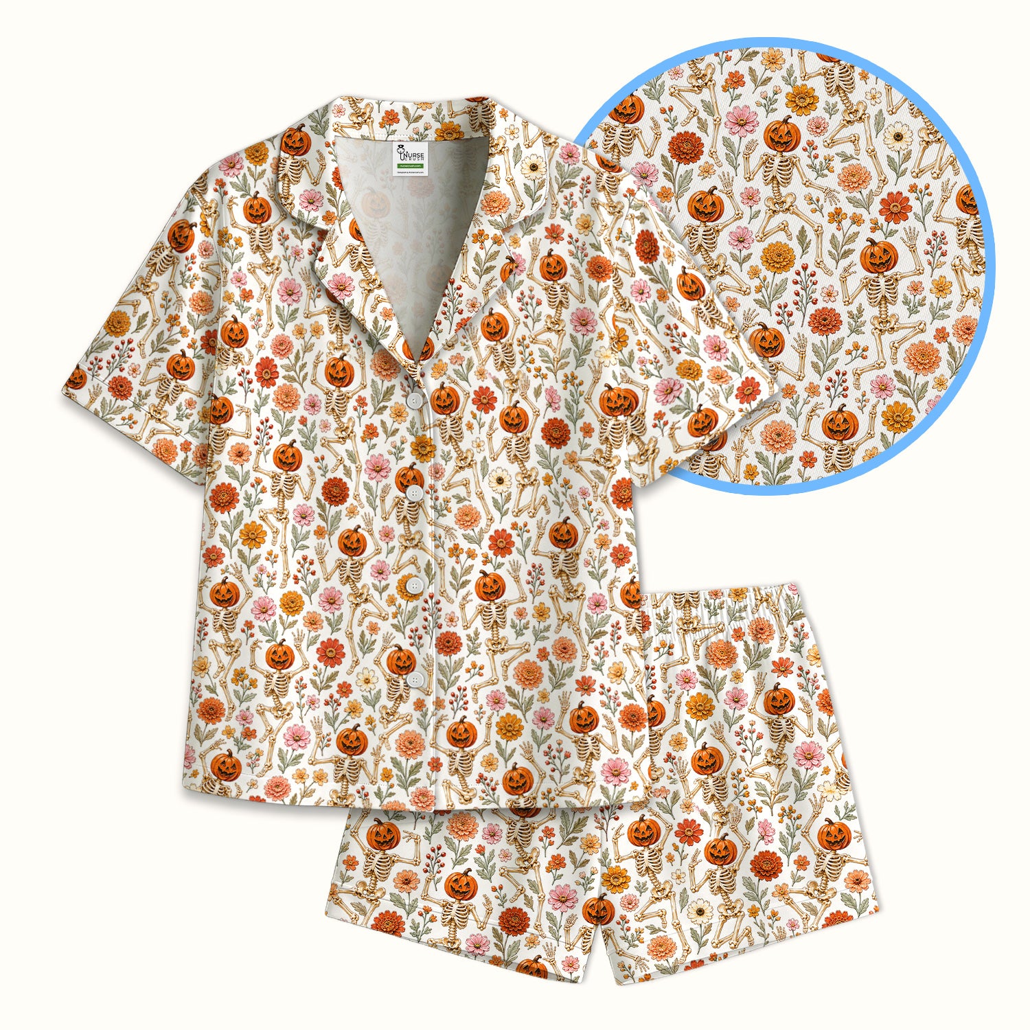 Halloween Pumpkin Skeleton Floral Pajama Set, Soft Breathable Fabric Comfortable Sleepwear