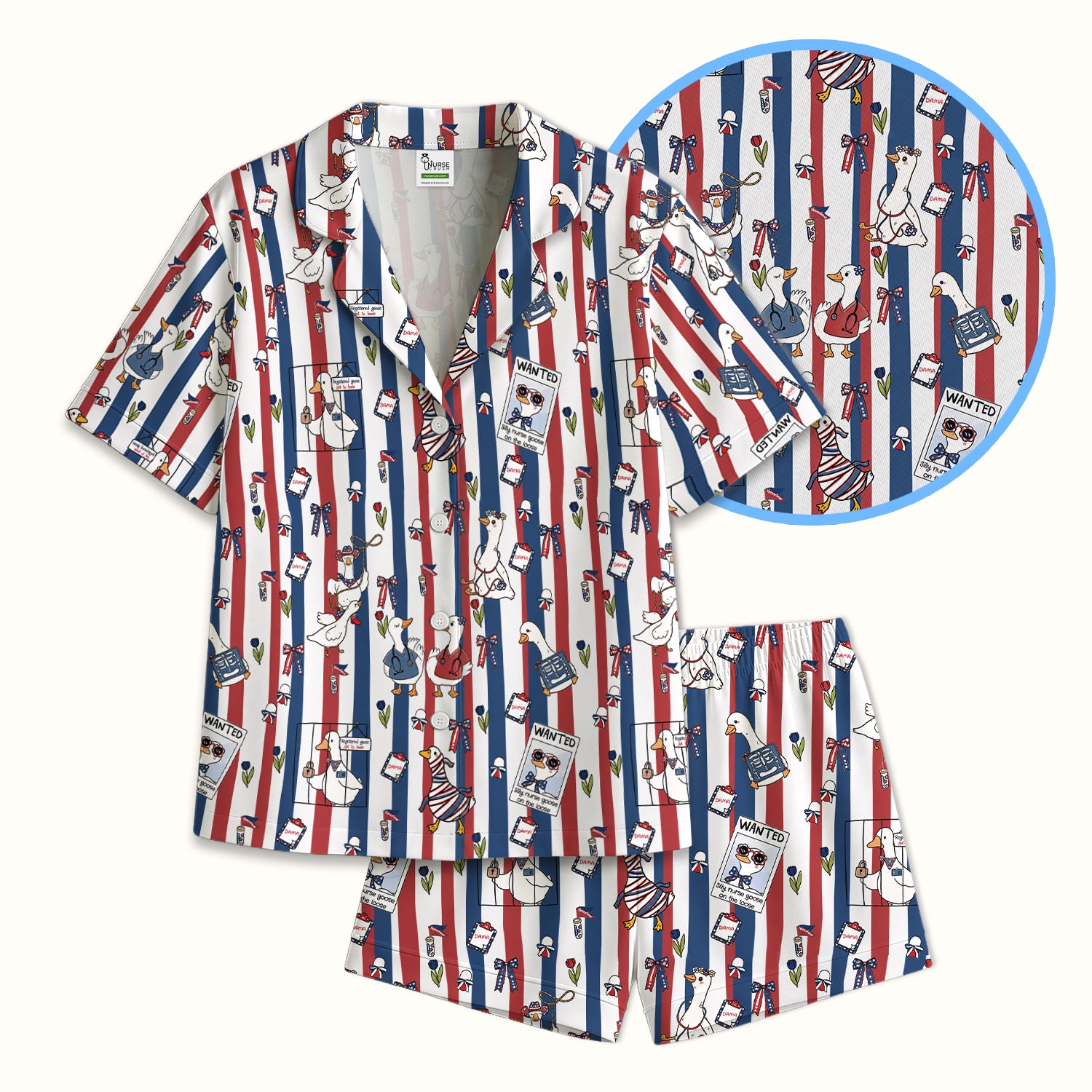 Funny Patriotic Goose Nurse Pattern Pajama Set, Soft Breathable Fabric Comfortable Sleepwear