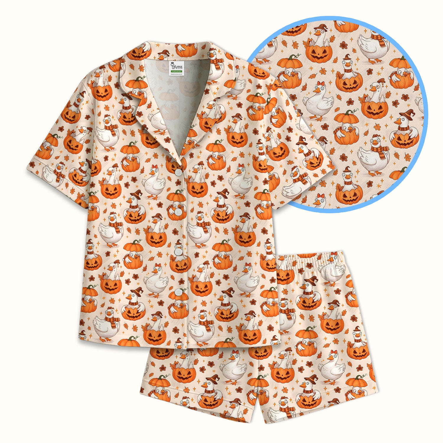 Cute Halloween Goose And Pumpkins Pajama Set, Soft Breathable Fabric Comfortable Sleepwear