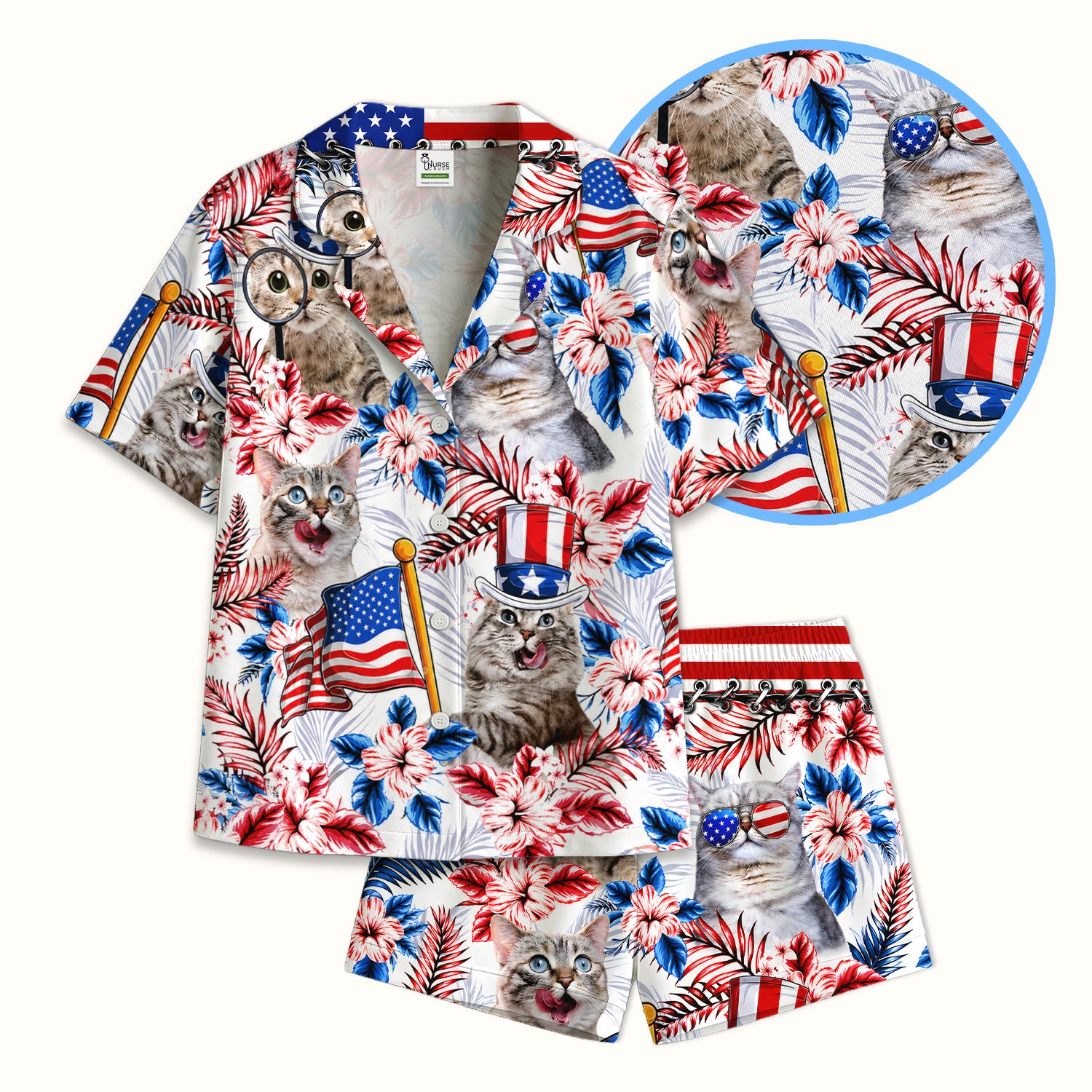 Patriotic Cat with USA Flag Pajama Set, Soft Breathable Fabric Comfortable Sleepwear