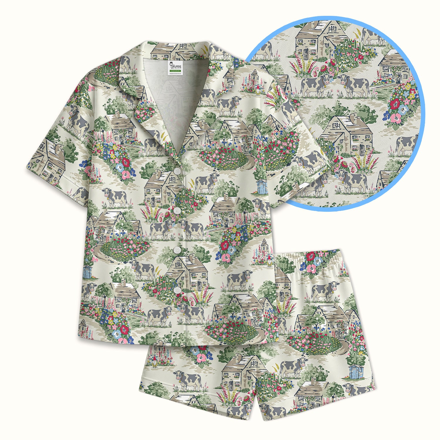 Charming Countryside Cows Cottage Garden Pattern Pajama Set, Soft Breathable Fabric Comfortable Sleepwear