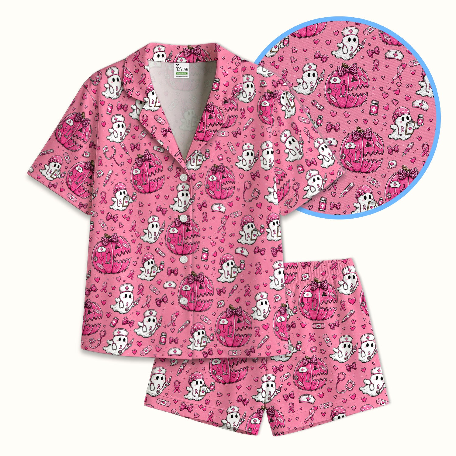 Pink Ribbon Ghost Pattern Pajama Set, Soft Breathable Fabric Comfortable Sleepwear