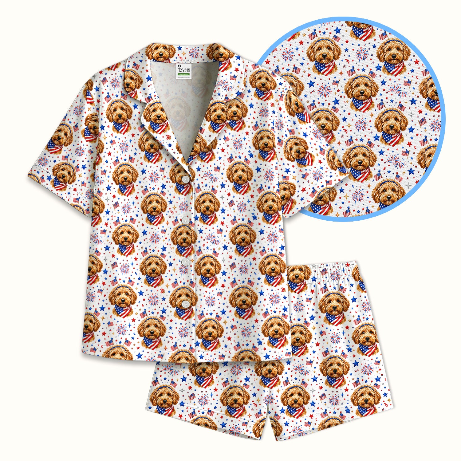 Patriotic Goldendoodle Nurse Pattern Pajama Set, Soft Breathable Fabric Comfortable Sleepwear
