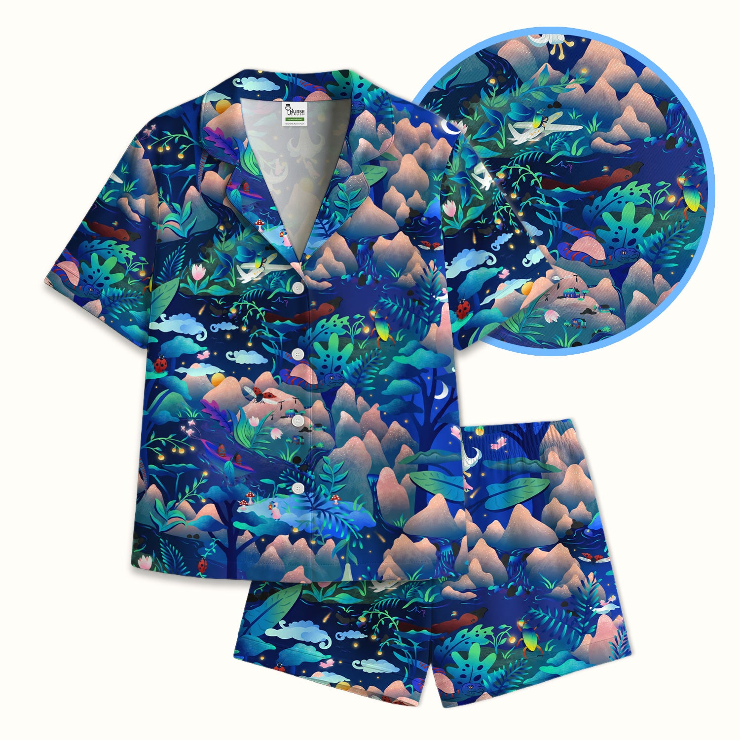 Whimsical Mountain Bug Print Pajama Set, Soft Breathable Fabric Comfortable Sleepwear
