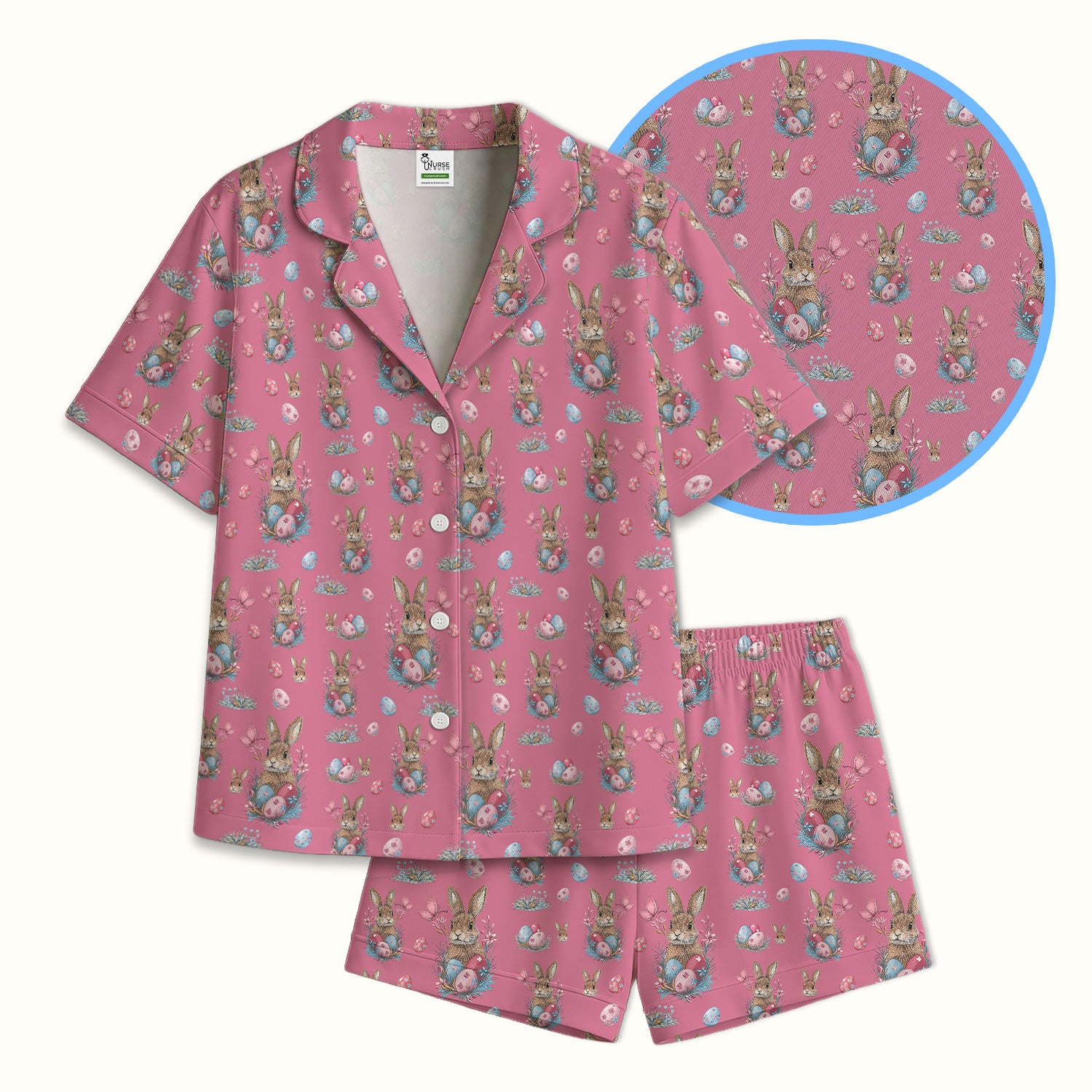 Pastel Easter Bunny Nest Pattern Pajama Set, Breathable Fabrics Uniform