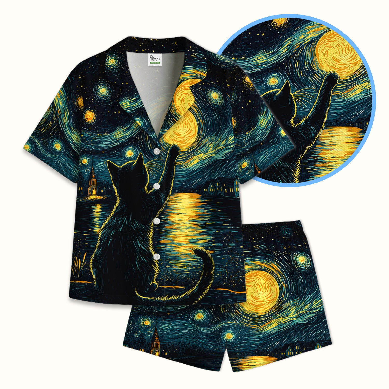 Starry Moonlit Black Cat Pajama Set, Soft Breathable Fabric Comfortable Sleepwear