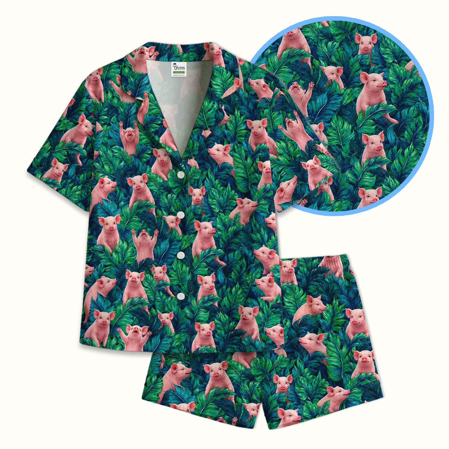 Cute Piglet Jungle Leaves Pattern Pajama Set, Soft Breathable Fabric Comfortable Sleepwear