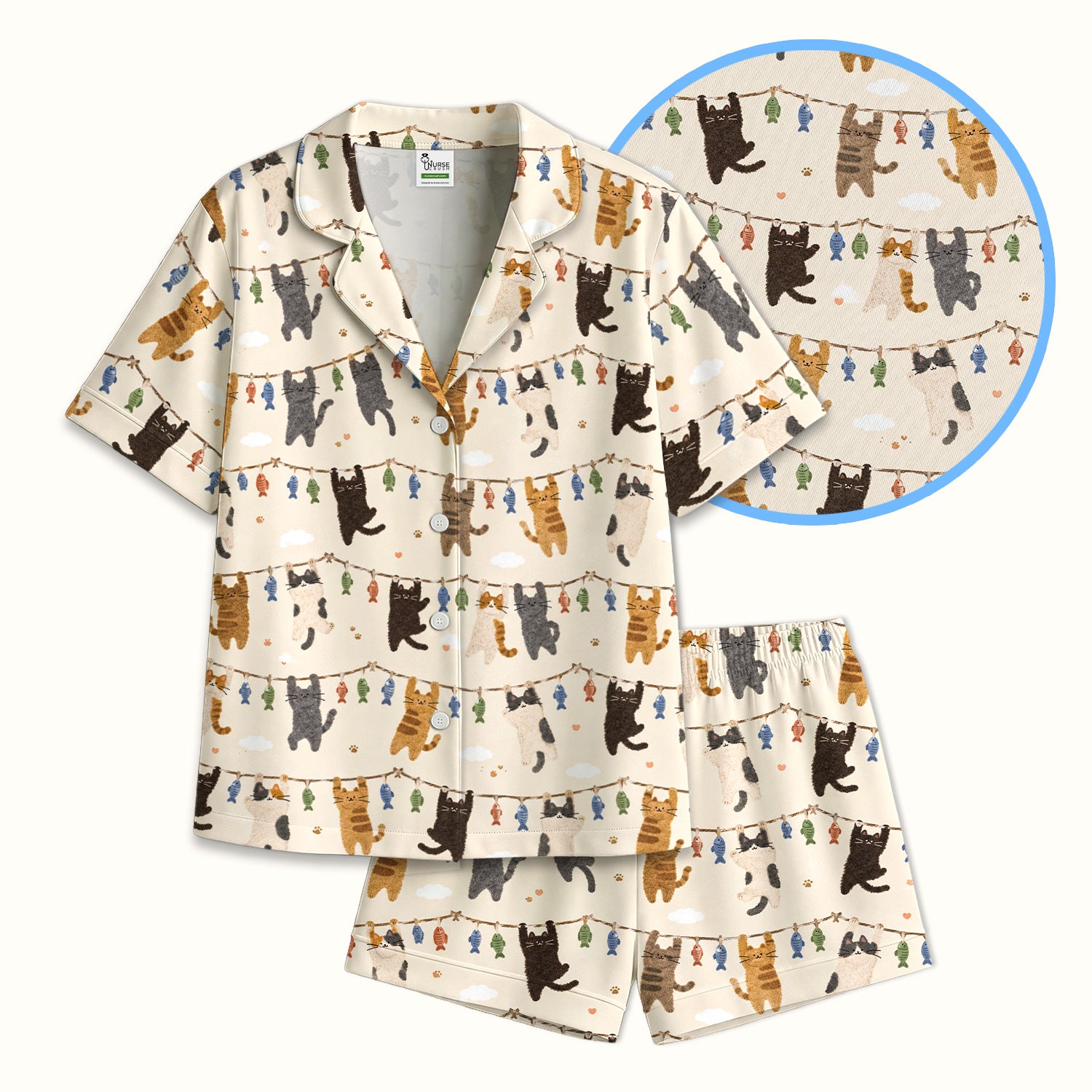 Cute Hanging Cat Fishline Pattern Pajama Set, Soft Breathable Fabric Comfortable Sleepwear