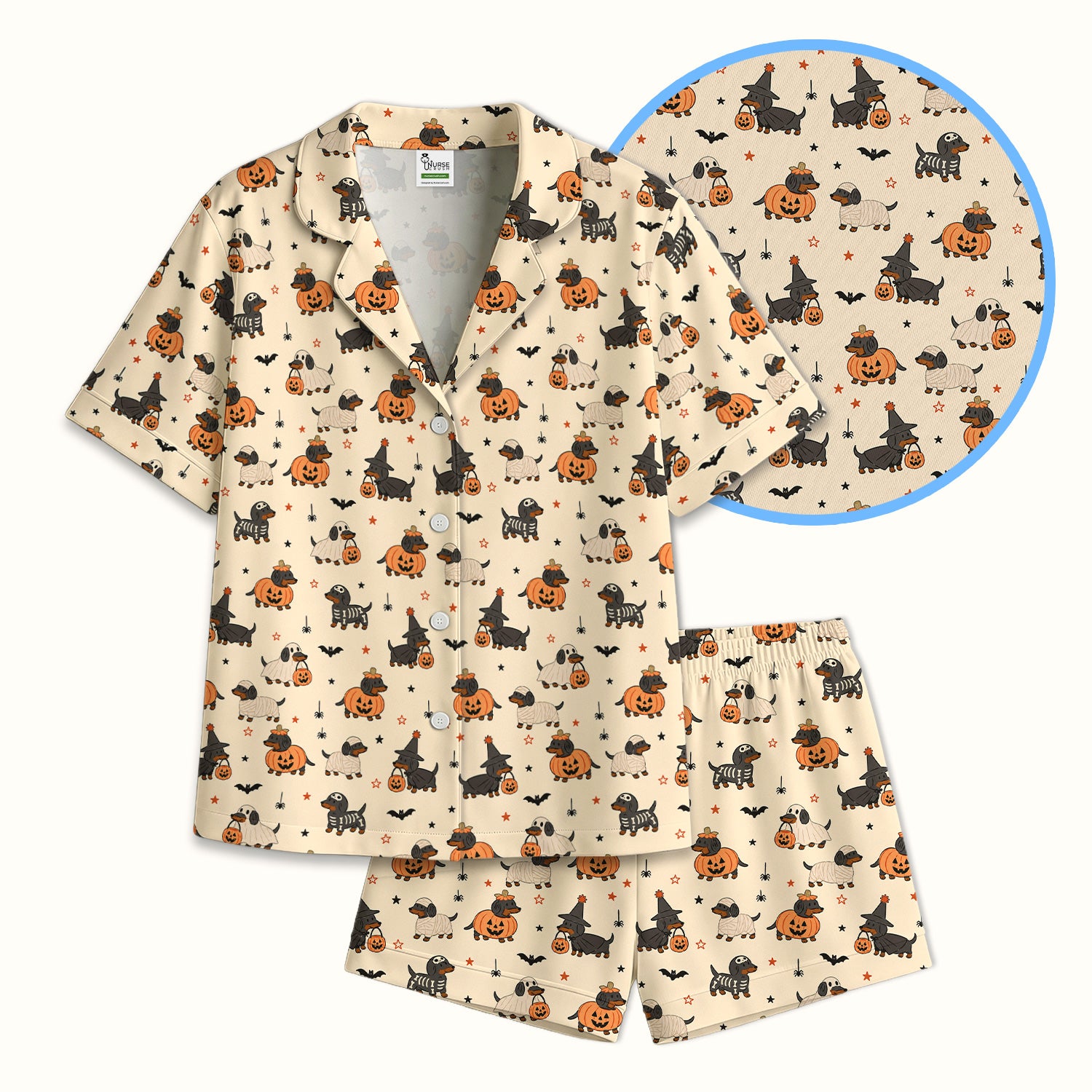 Halloween Dachshund Pattern Pajama Set, Soft Breathable Fabric Comfortable Sleepwear