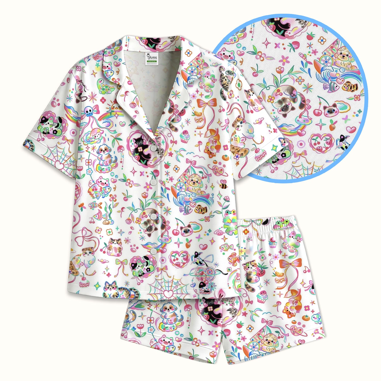 Cute Kawaii Animal Rainbow Heart Pattern Pajama Set, Soft Breathable Fabric Comfortable Sleepwear
