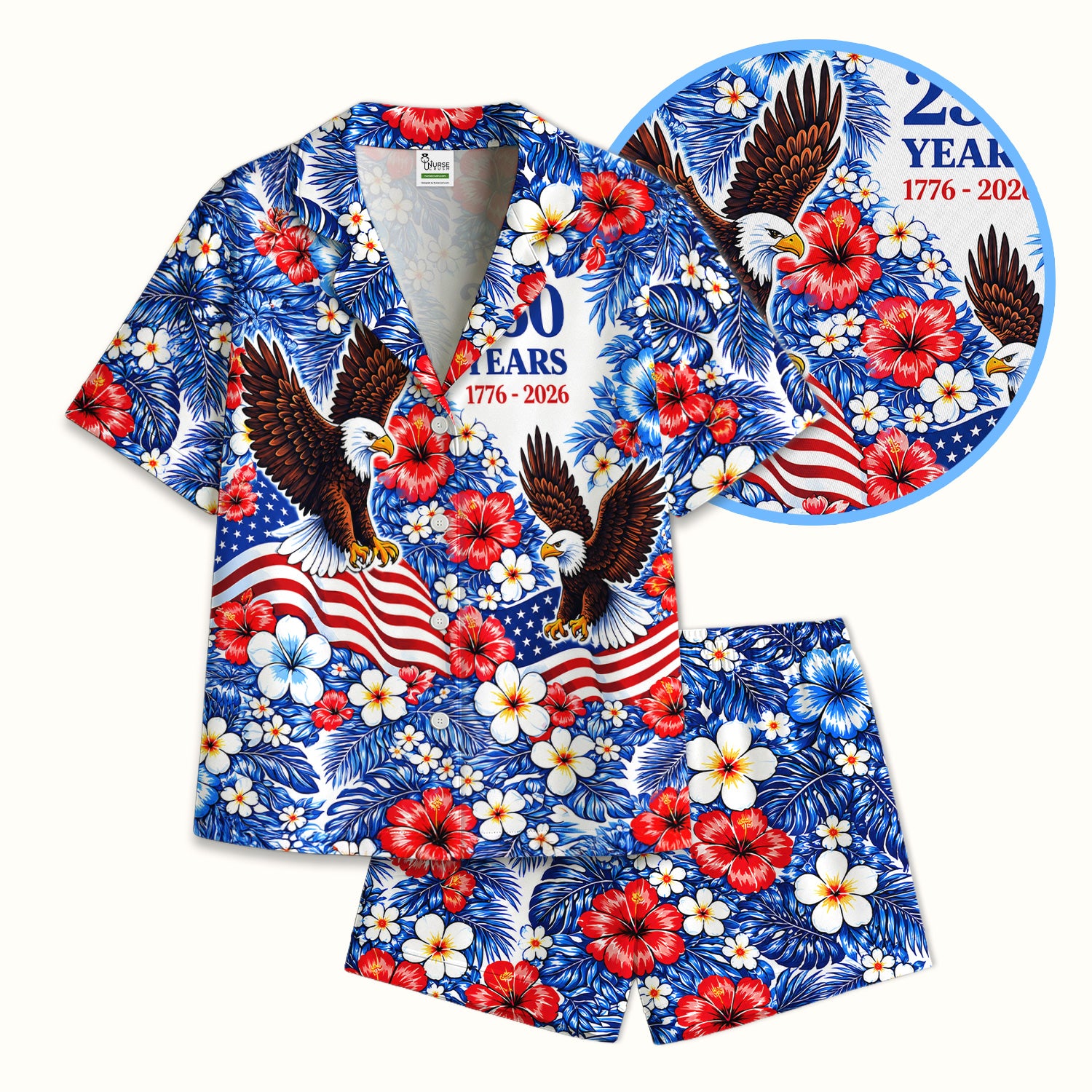 Patriotic Eagle Floral Pattern, America 250 Medical Pajama Set, Soft Breathable Fabric Comfortable Sleepwear