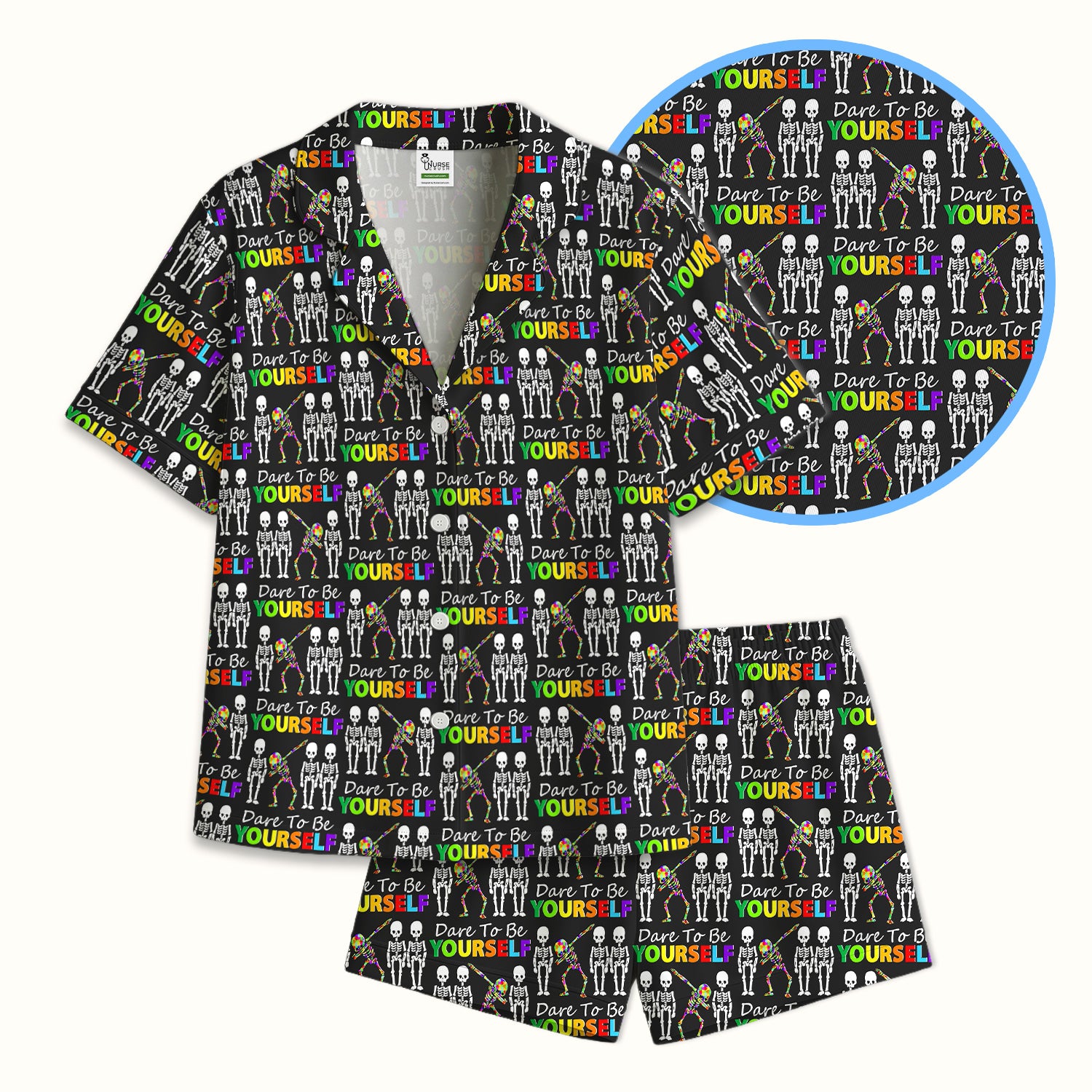 Rainbow Skeleton Dare To Be Yourself Pattern Pajama Set, Breathable Fabrics Uniform