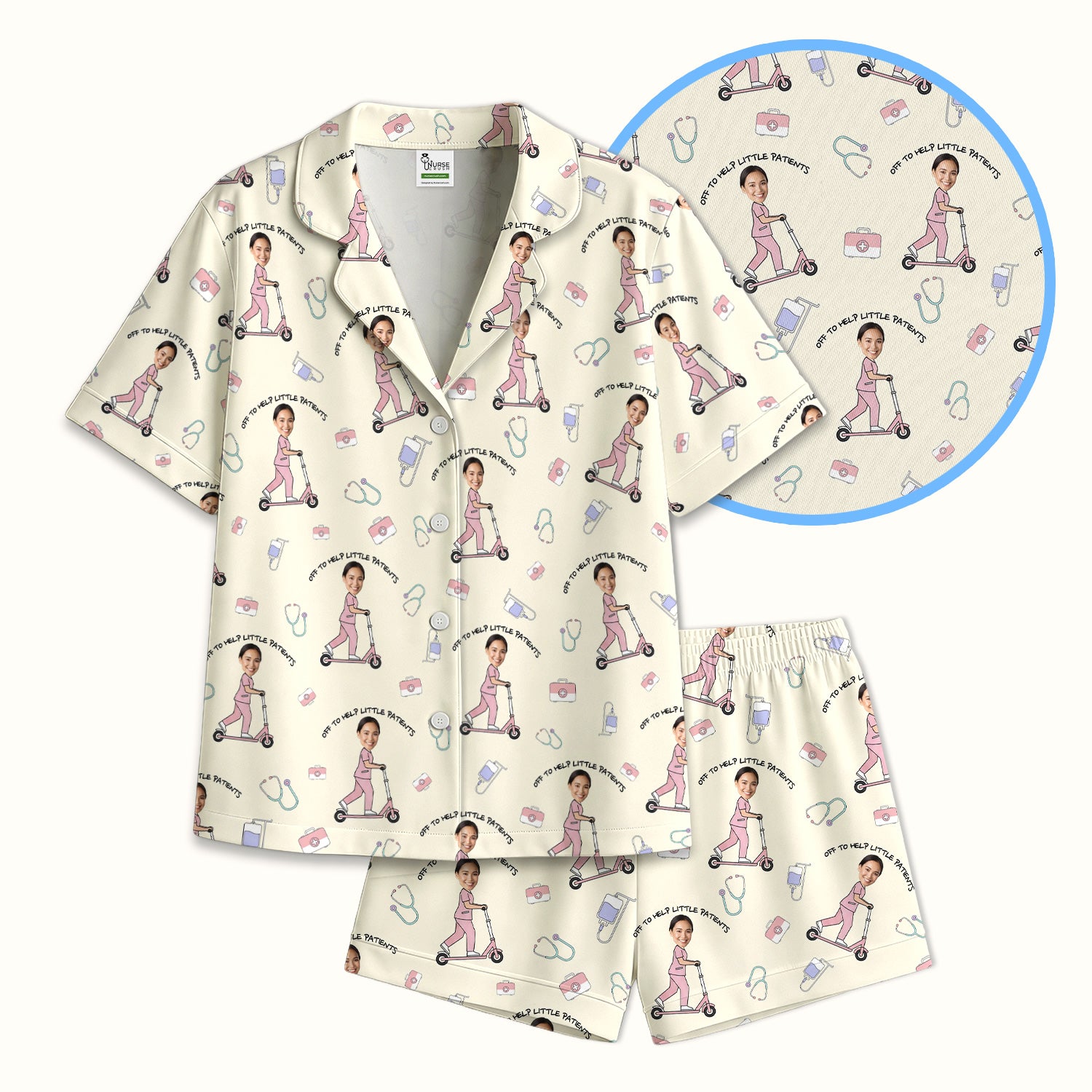 Custom Face Pediatric Nurse Scooter Pattern Pajama Set, Soft Breathable Fabric Comfortable Sleepwear