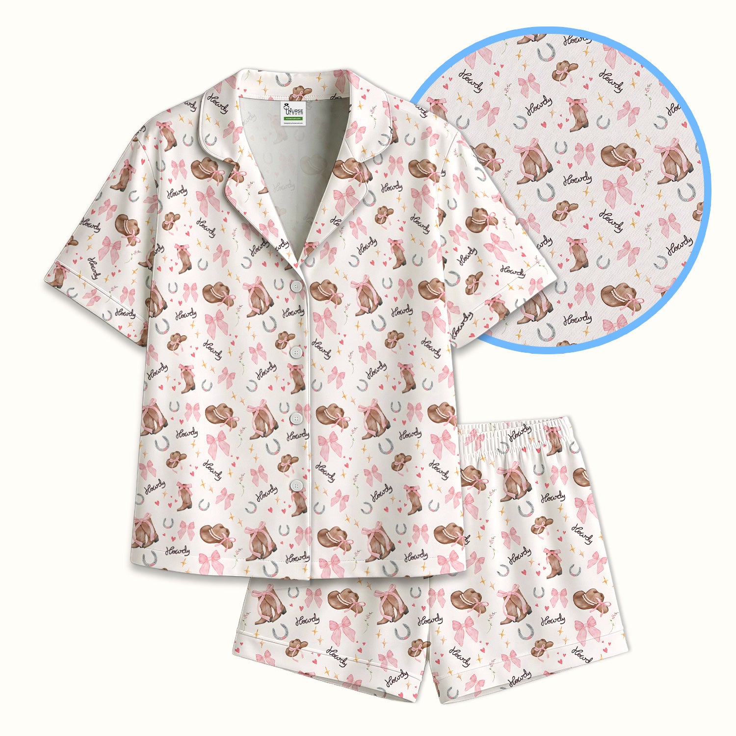 Cute Pink Cowgirl Boots Pattern Pajama Set, Soft Breathable Fabric Comfortable Sleepwear