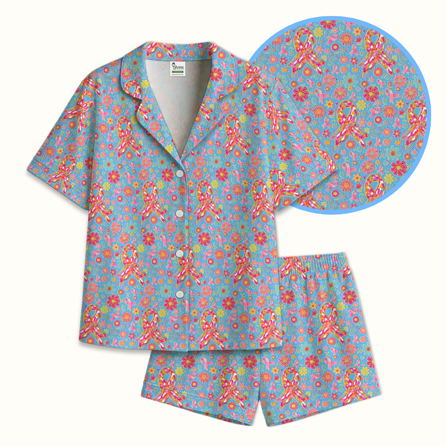 Colorful Pink Ribbon Floral Pajama Set, Soft Breathable Fabric Comfortable Sleepwear
