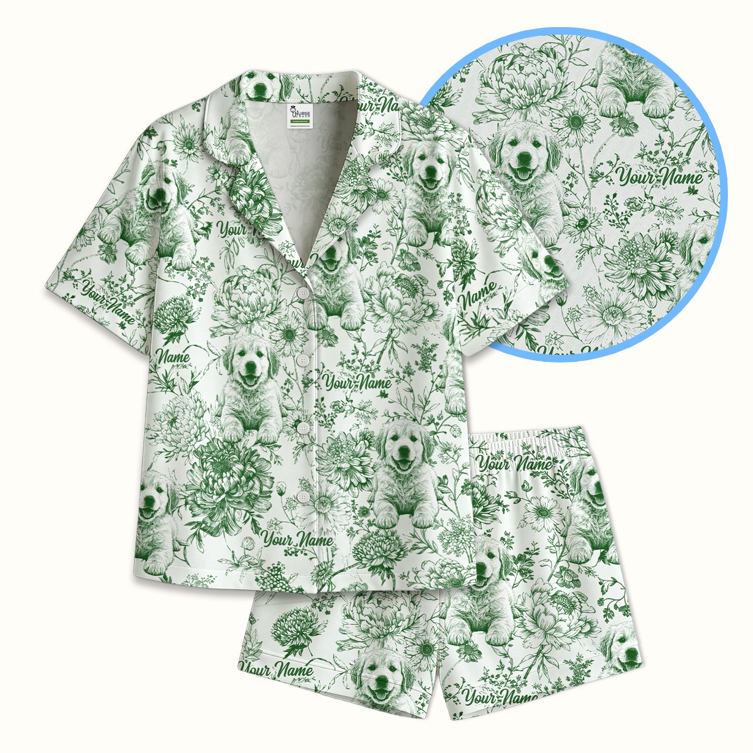 Personalized Custom Pet Photo Name Floral Pattern Pajama Set, Soft Breathable Fabric Comfortable Sleepwear