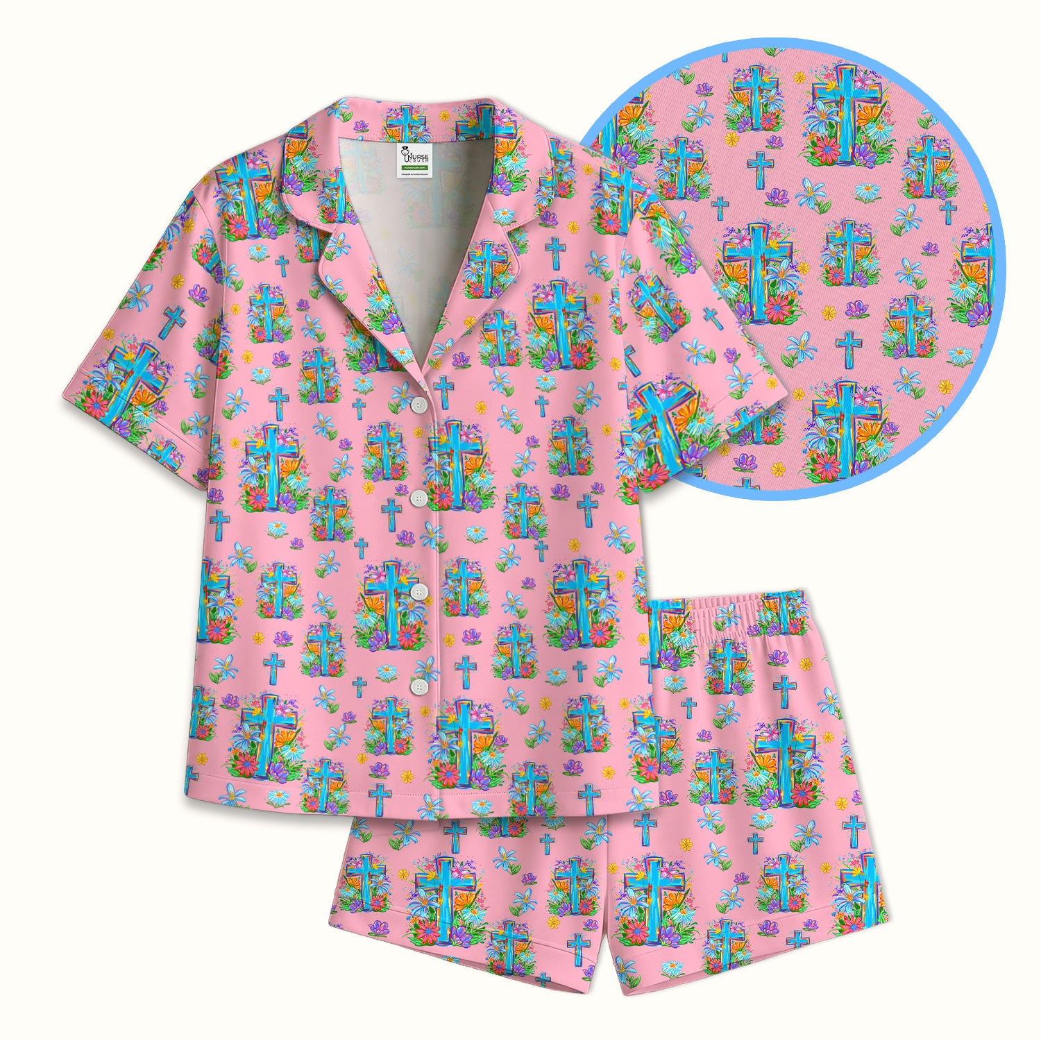 Christian Floral Cross Spring Pattern Pajama Set, Breathable Fabrics Uniform