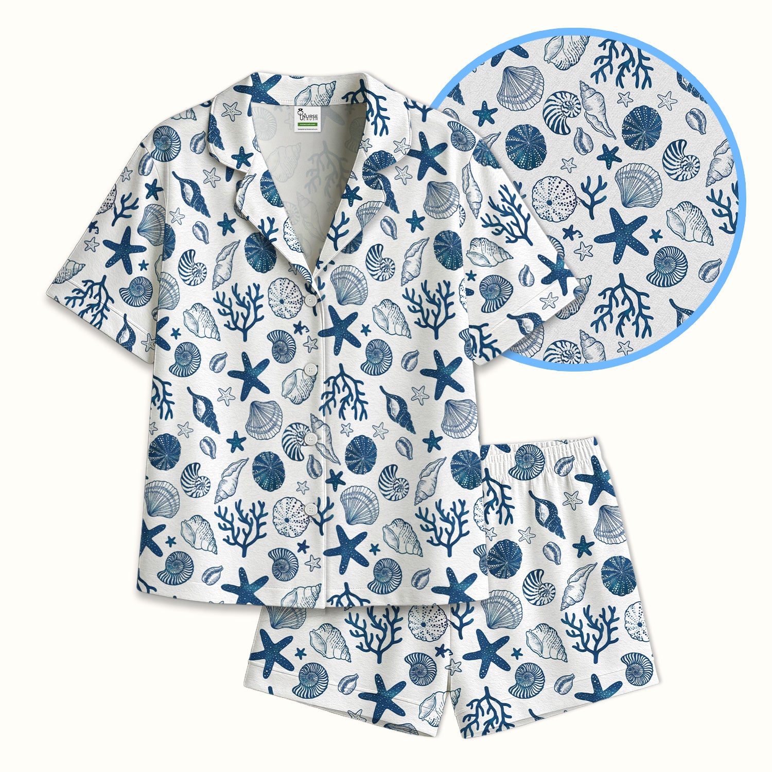 Cute Ocean Shell Starfish Pattern Pajama Set, Soft Breathable Fabric Comfortable Sleepwear