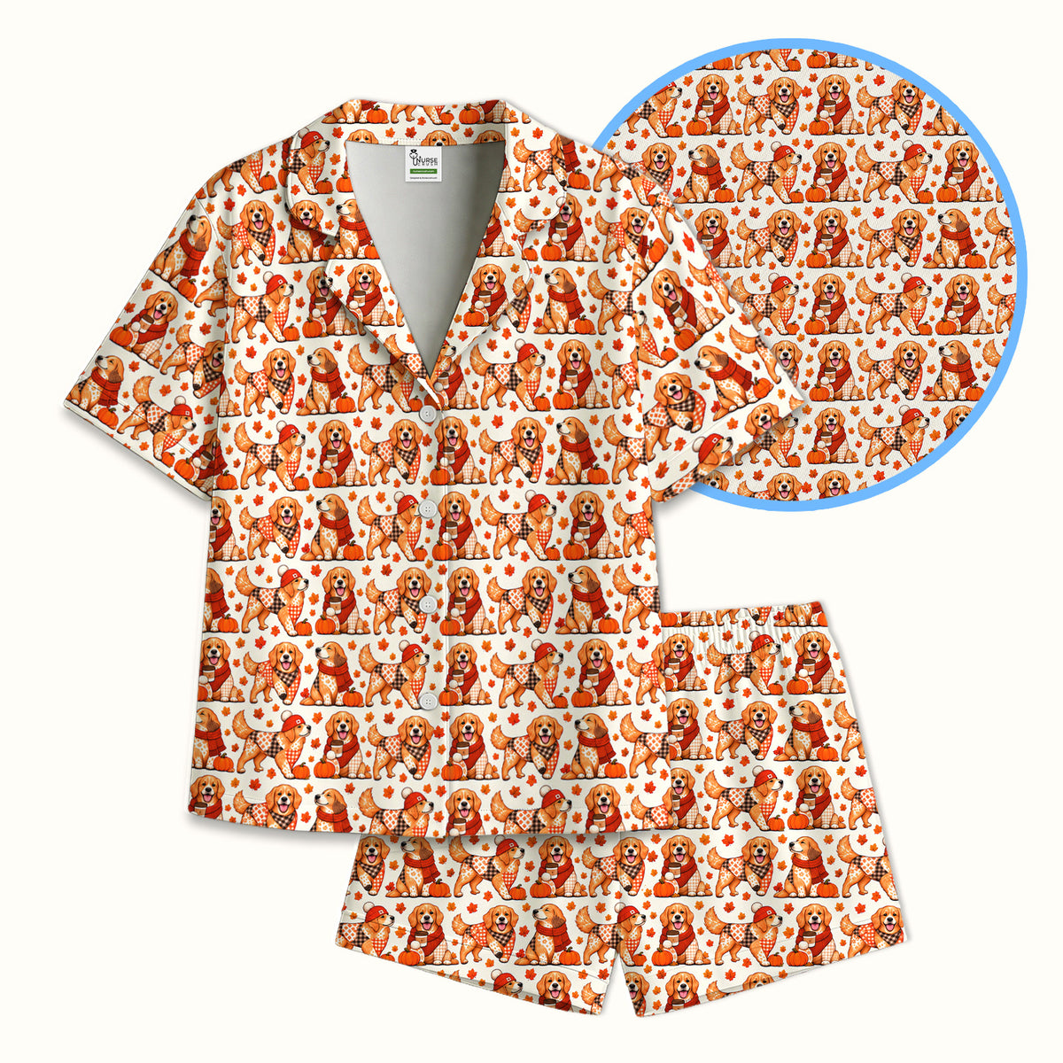 Fall Golden Retriever And Pumpkin Pajama Set, Soft Breathable Fabric Comfortable Sleepwear