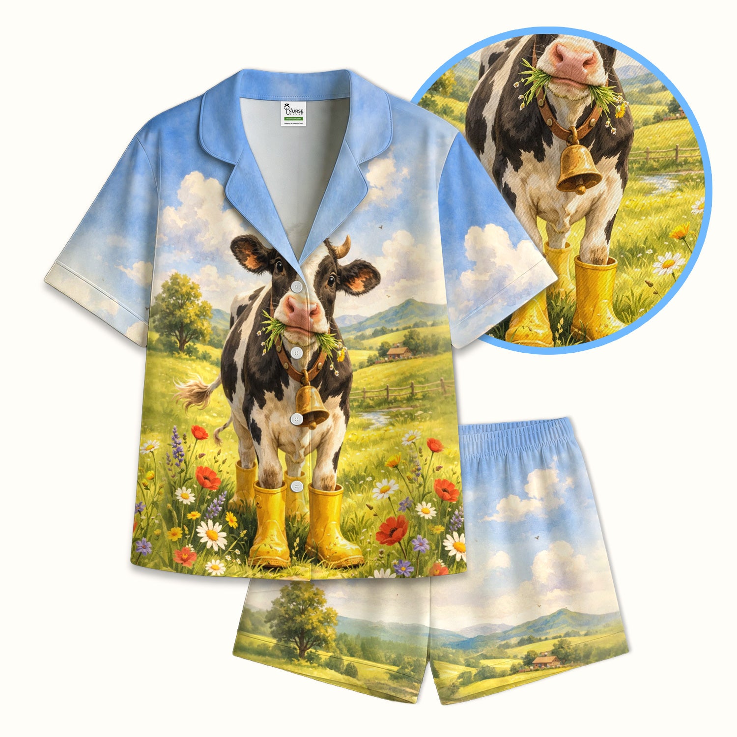 Cute Cow Wearing Boots Meadow Scene Pattern Pajama Set, Soft Breathable Fabric Comfortable Sleepwear