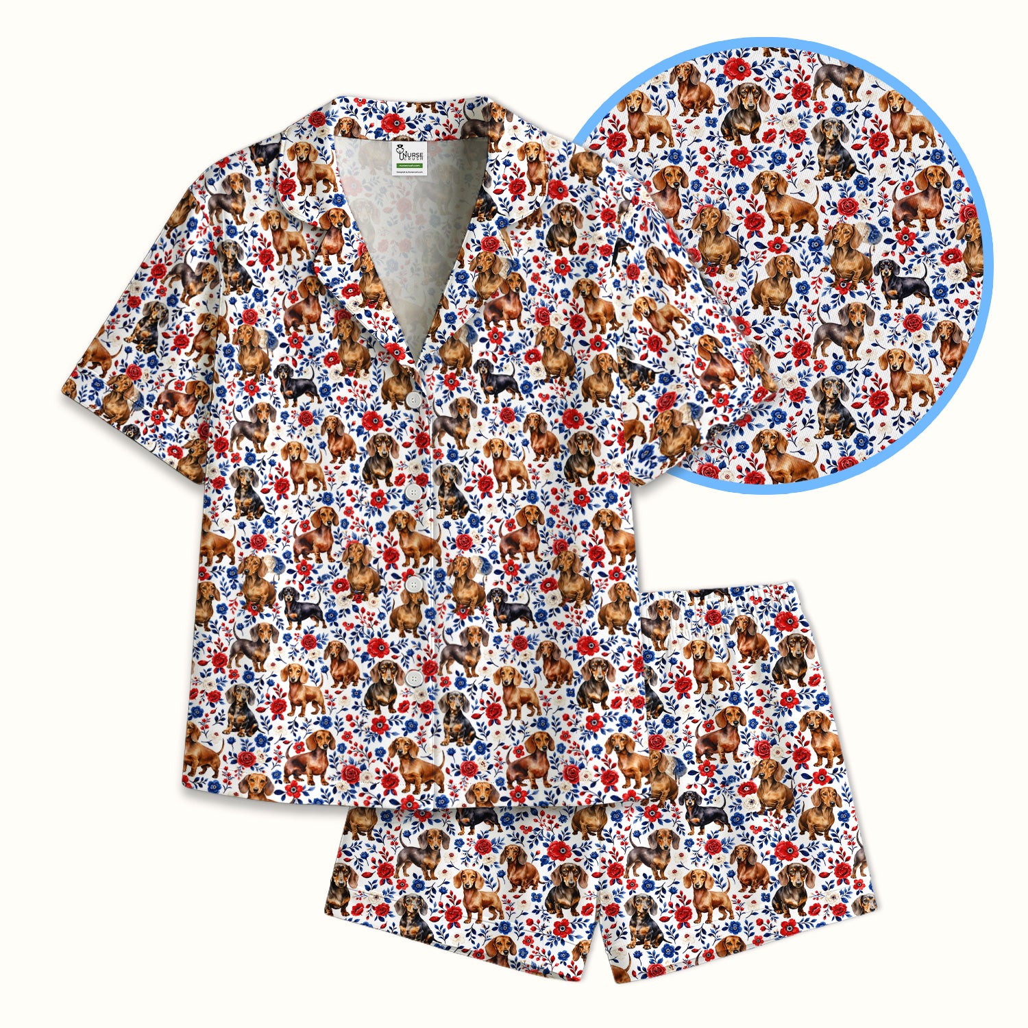 Floral Dachshund Nurse Pattern Pajama Set, Soft Breathable Fabric Comfortable Sleepwear