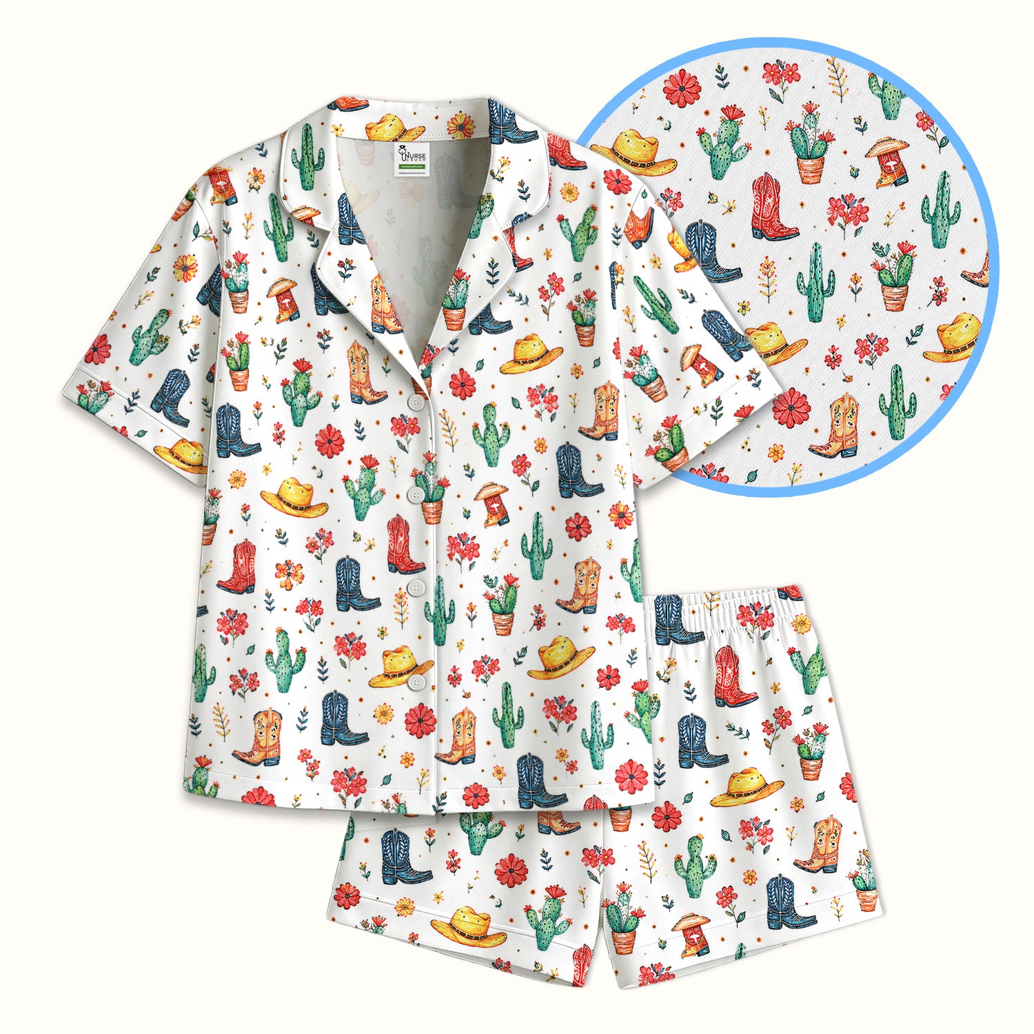 Whimsical Western Cactus Boots Pattern Pajama Set, Soft Breathable Fabric Comfortable Sleepwear