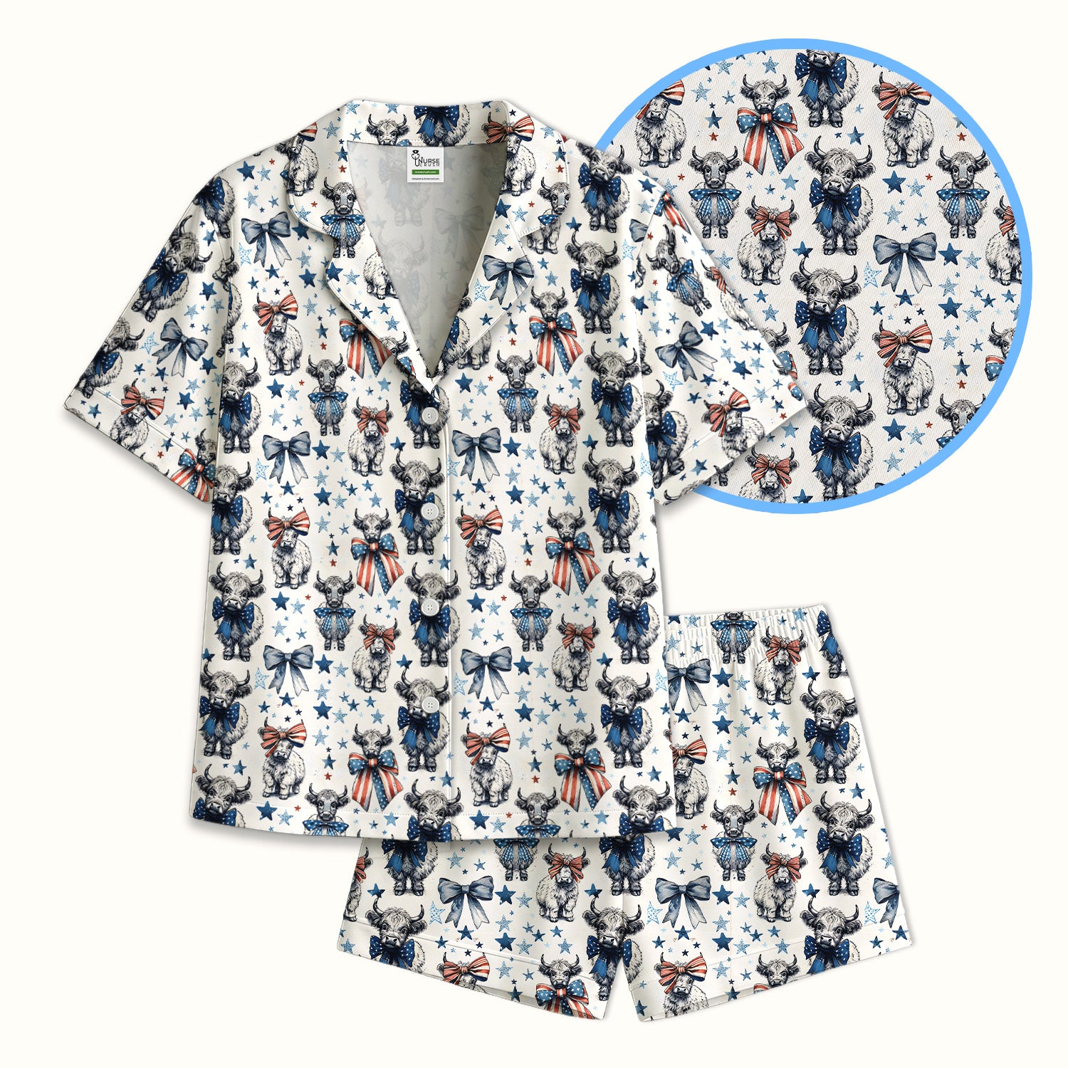 Patriotic Highland Cow Stars Pattern Pajama Set, Soft Breathable Fabric Comfortable Sleepwear