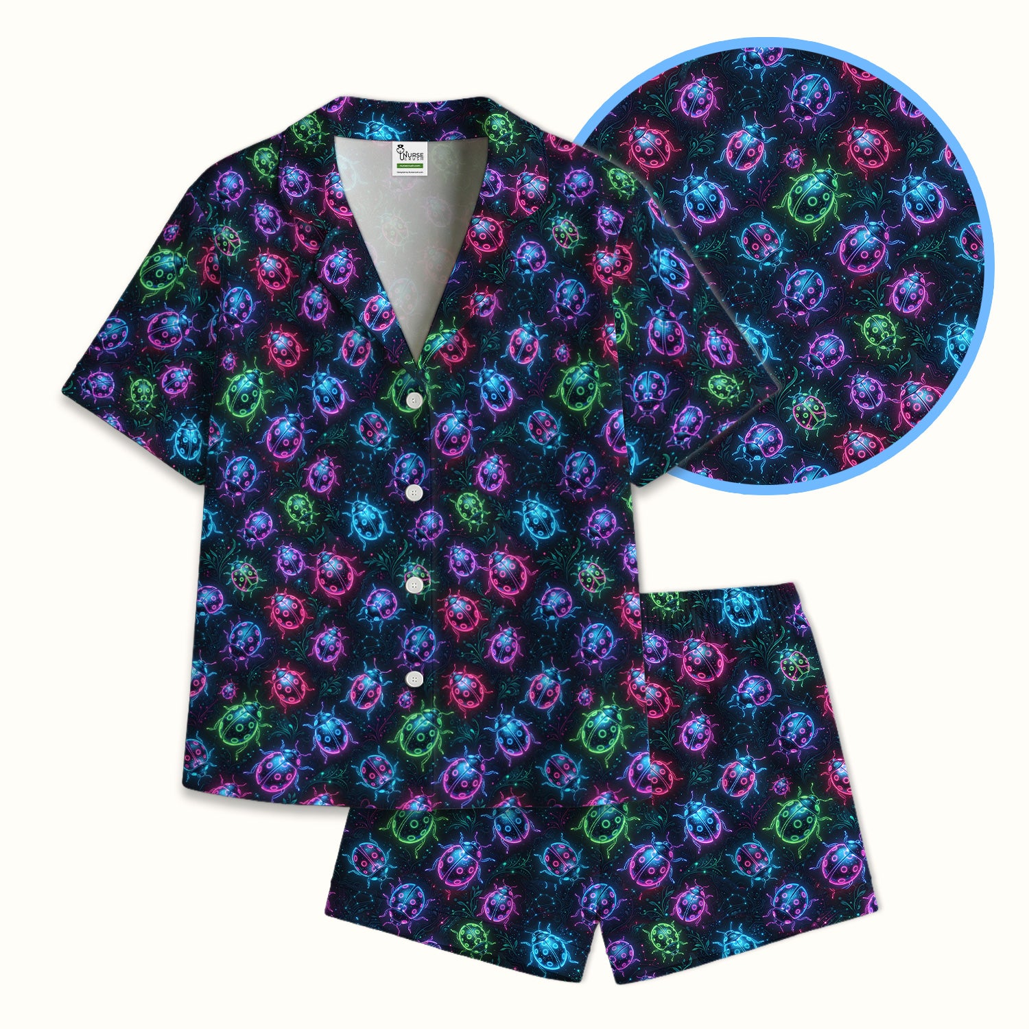 Colorful Neon Ladybug Pattern Pajama Set, Soft Breathable Fabric Comfortable Sleepwear