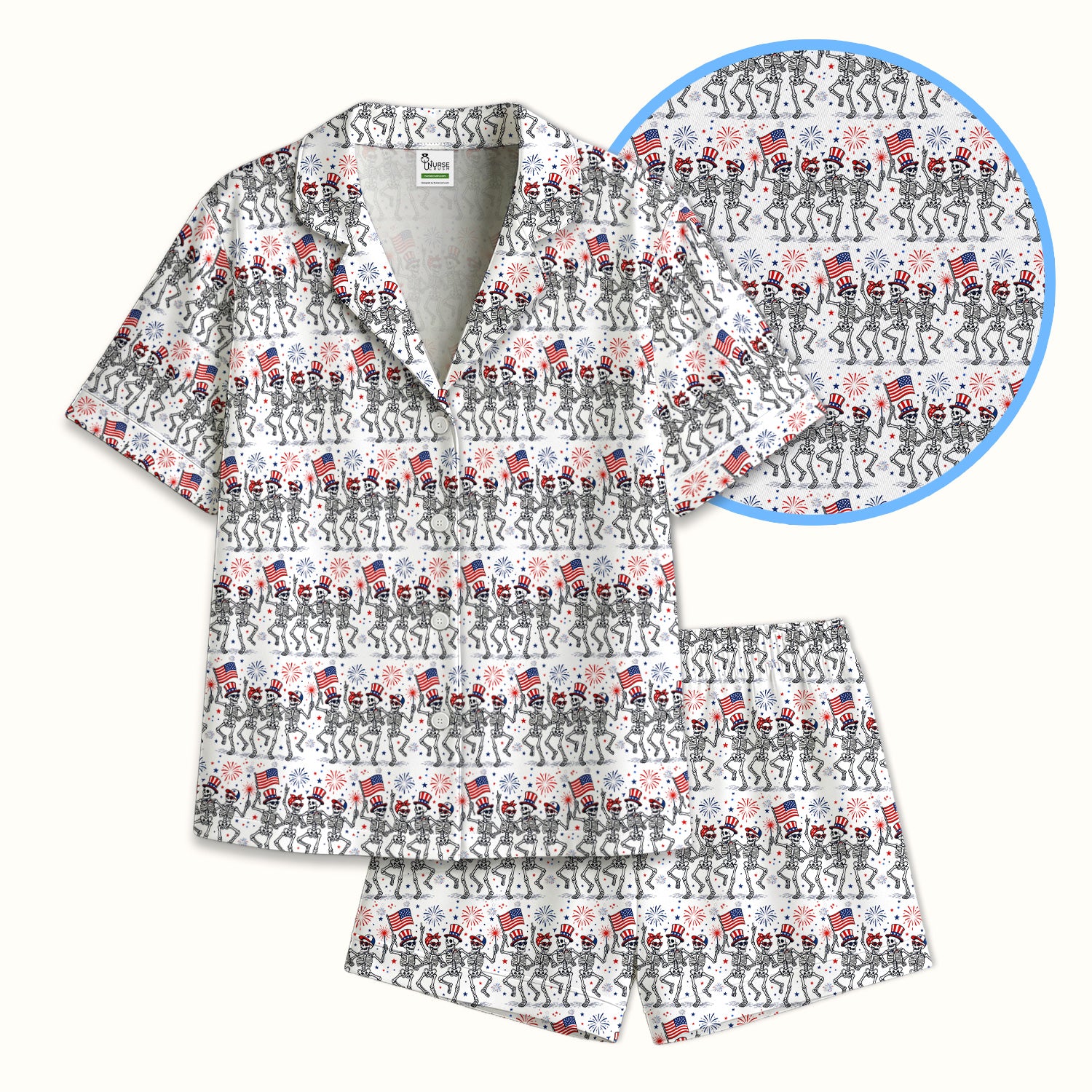 Funny Patriotic Skeleton Pattern, July 4 Medical Pajama Set, Soft Breathable Fabric Comfortable Sleepwear