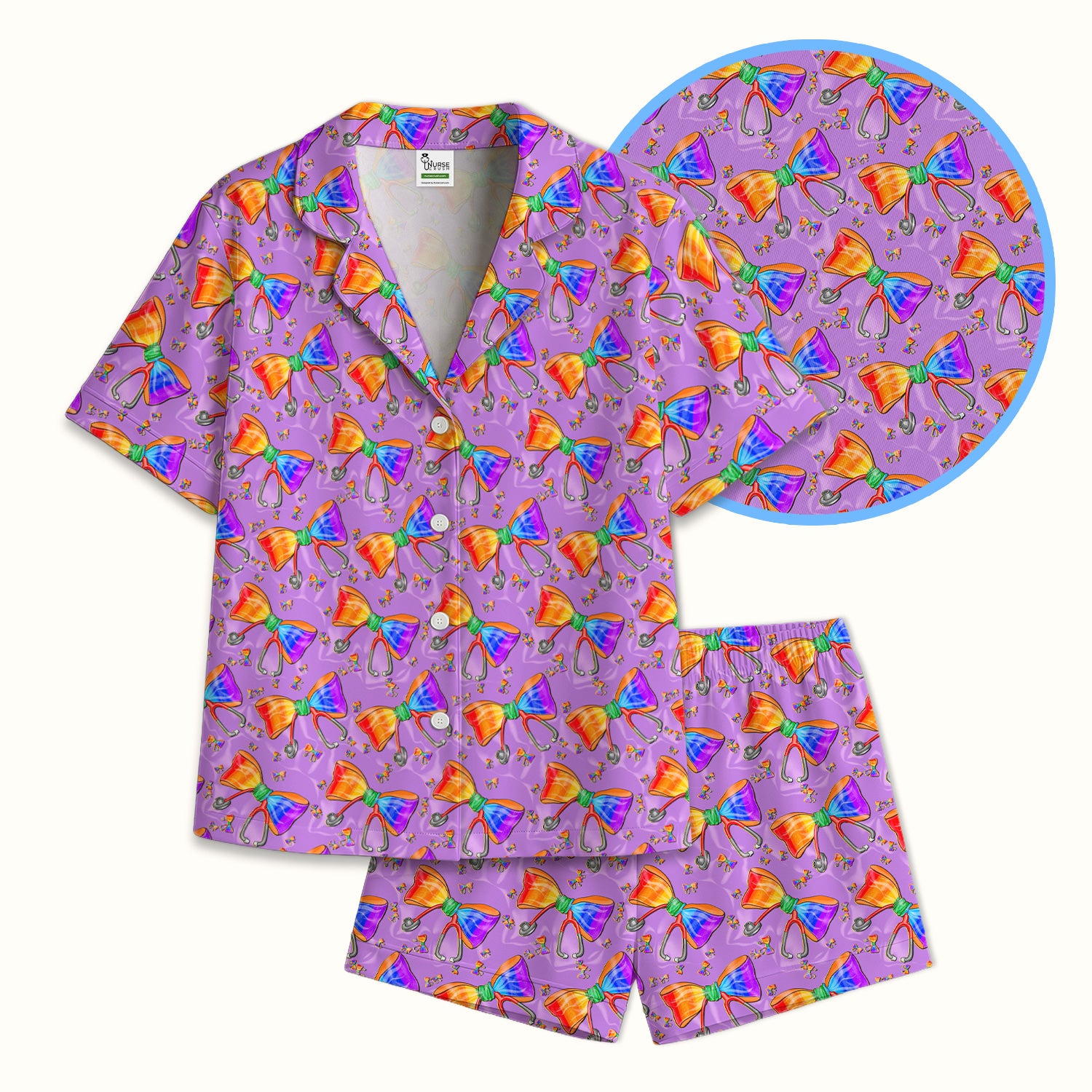 Colorful Rainbow Bow Stethoscope Pattern Pajama Set, Breathable Fabrics Uniform
