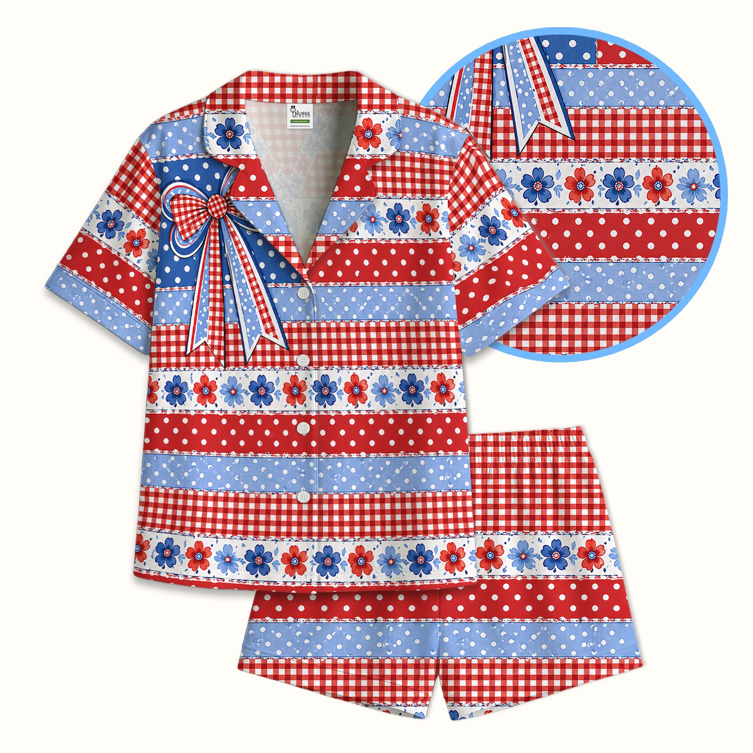 Patriotic Gingham Bow Floral Pattern Pajama Set, Soft Breathable Fabric Comfortable Sleepwear