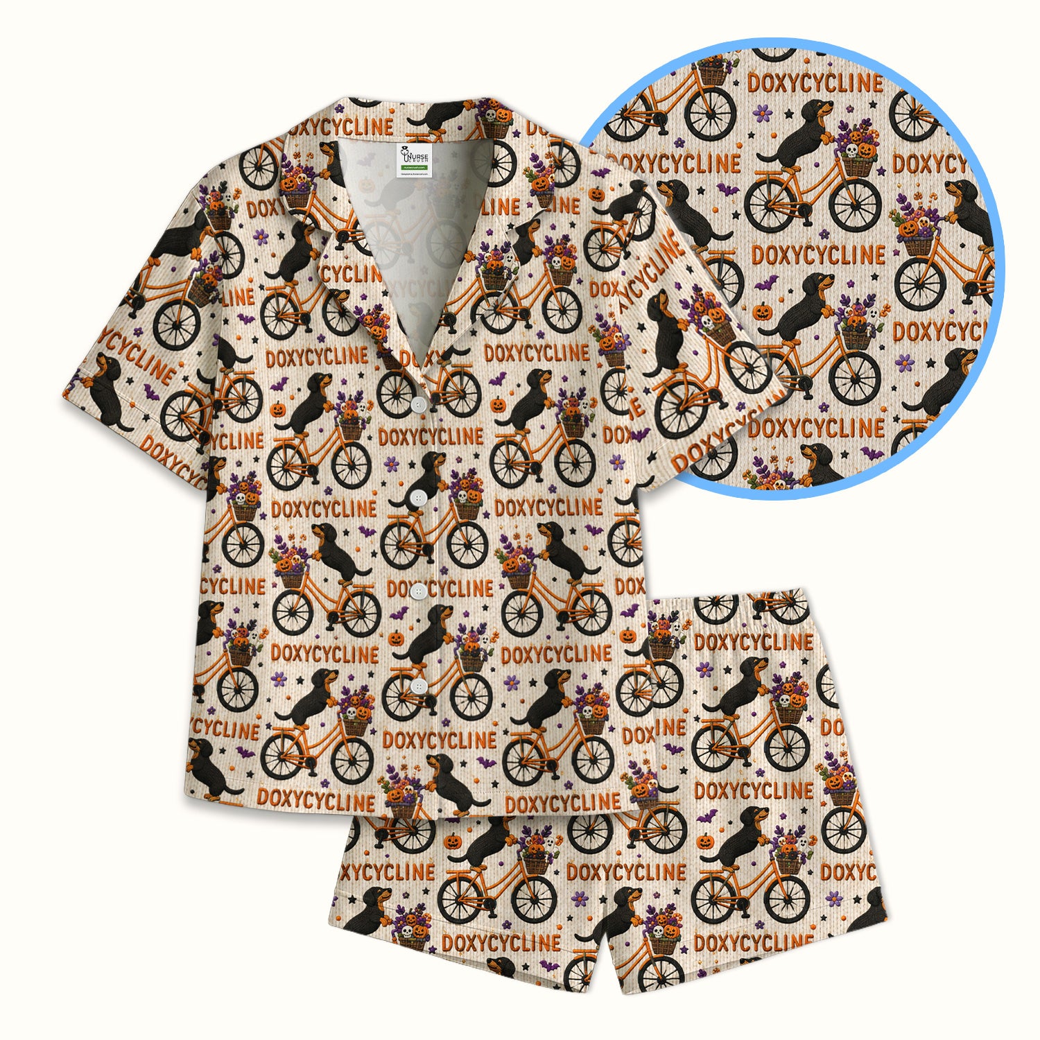 Halloween Dachshund with Doxycycline Bike Print Pajama Set, Soft Breathable Fabric Comfortable Sleepwear