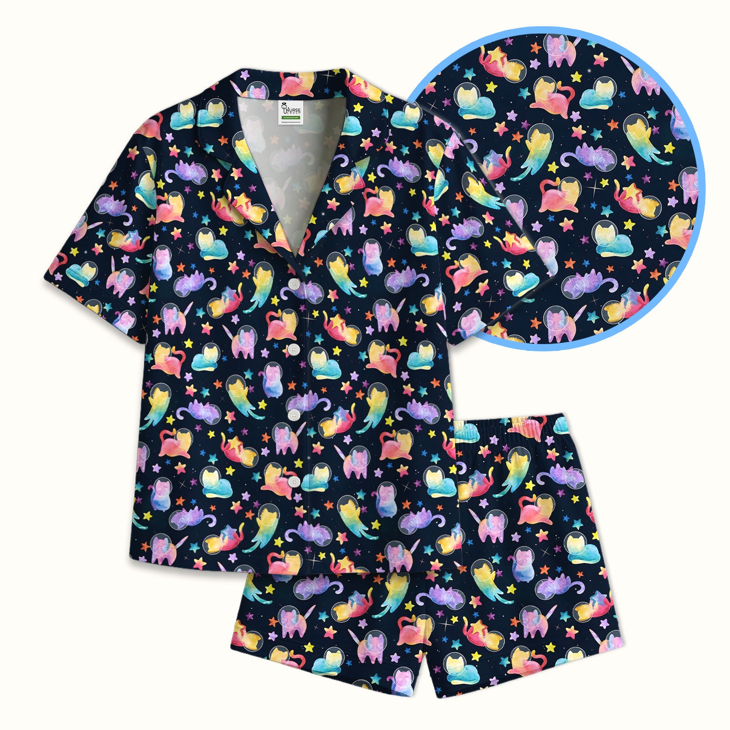 Cute Space Cat Veterinary Pattern Pajama Set, Soft Breathable Fabric Comfortable Sleepwear