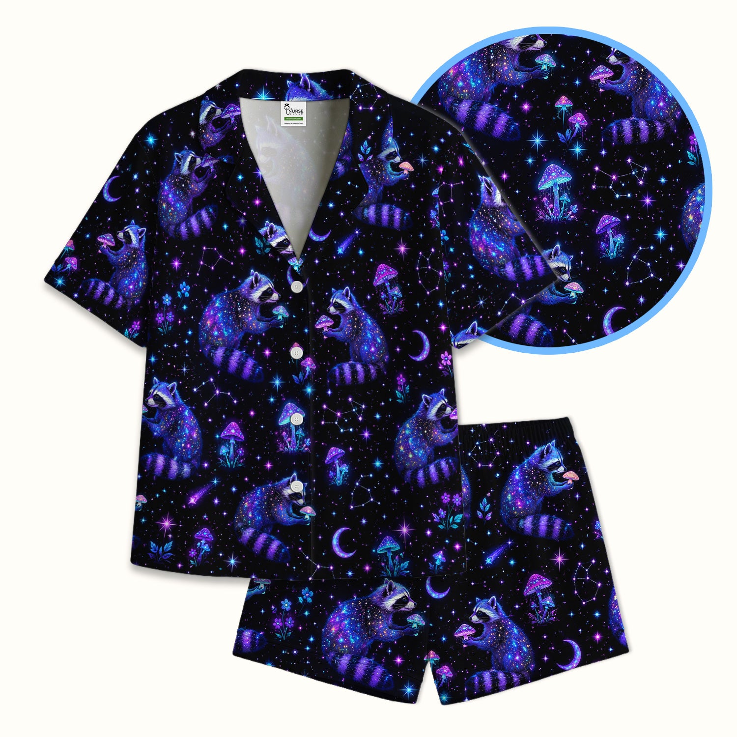 Galaxy Raccoon With Mushroom Night Pajama Set, Soft Breathable Fabric Comfortable Sleepwear