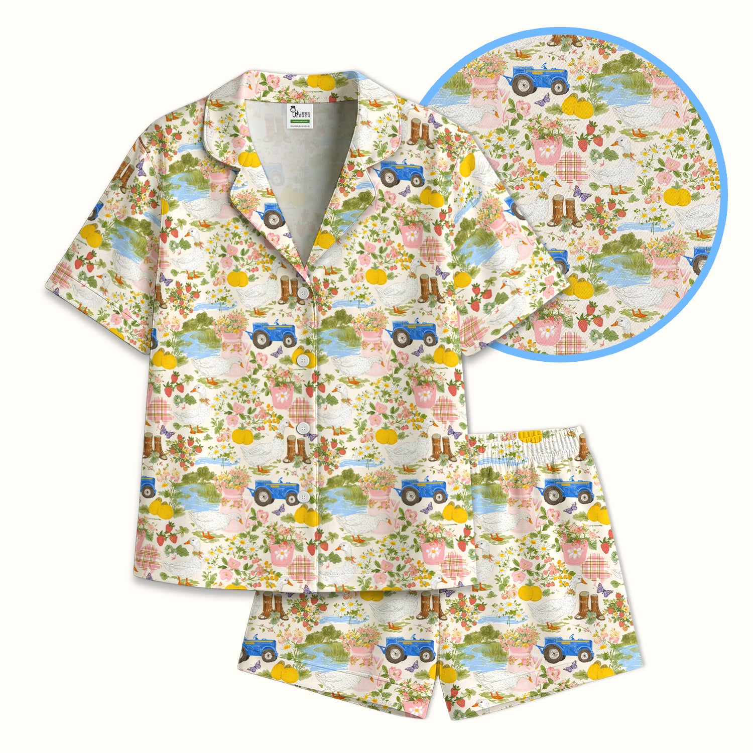 Floral and Duck Pattern Pajama Set, Breathable Fabrics Uniform
