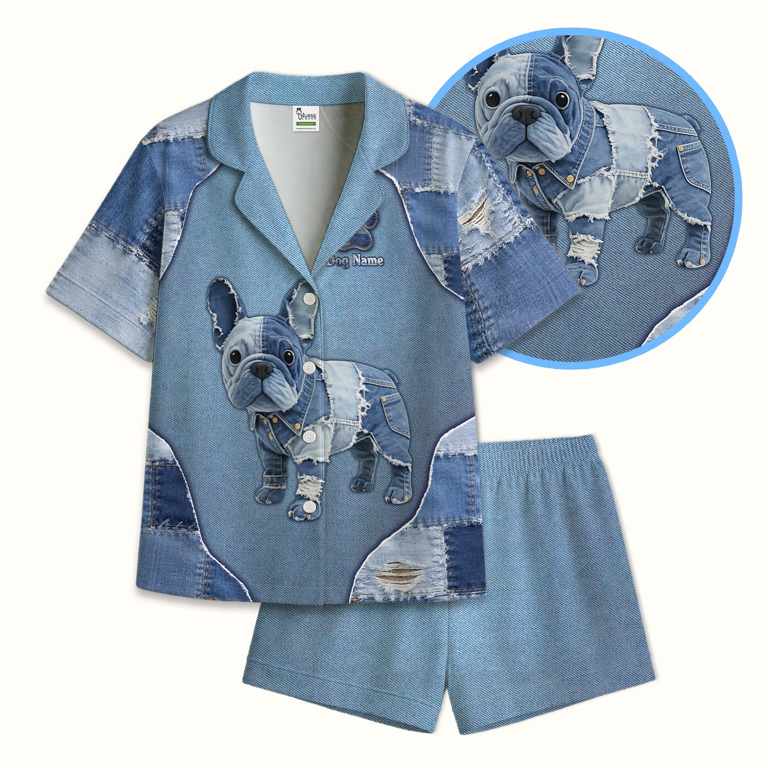 Custom Dog Name Denim French Bulldog Pajama Set, Breathable Fabrics Uniform
