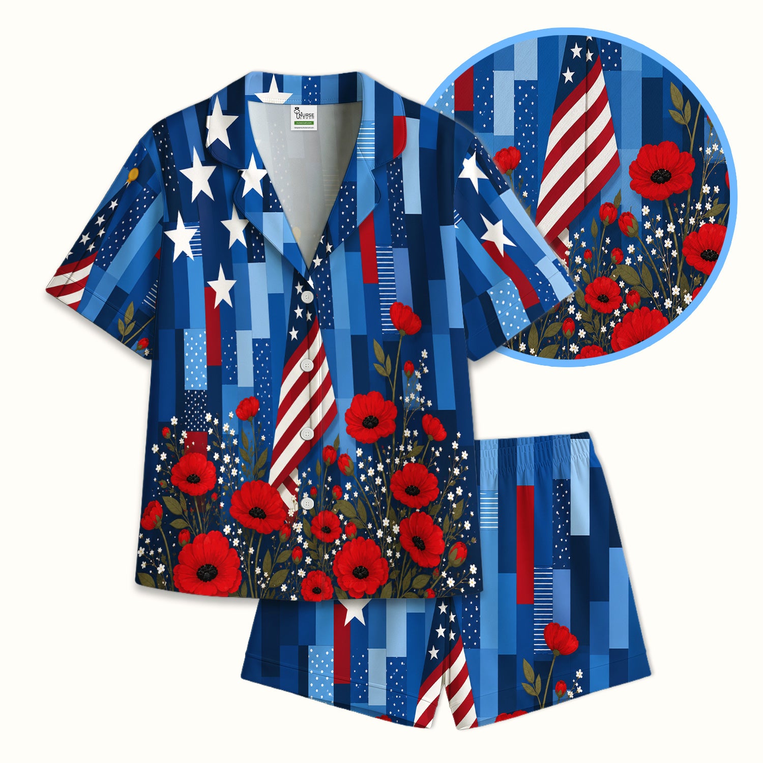 Patriotic Nurse Flag Poppy Pattern Pajama Set, Soft Breathable Fabric Comfortable Sleepwear